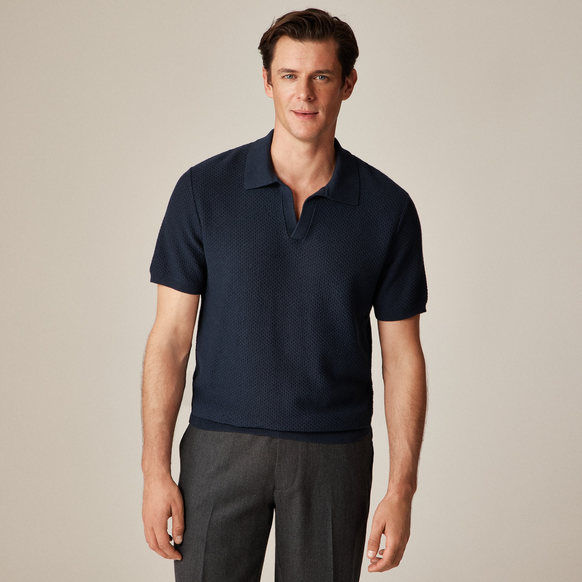 Short-sleeve textured-stitch cotton johnny-collar sweater-polo