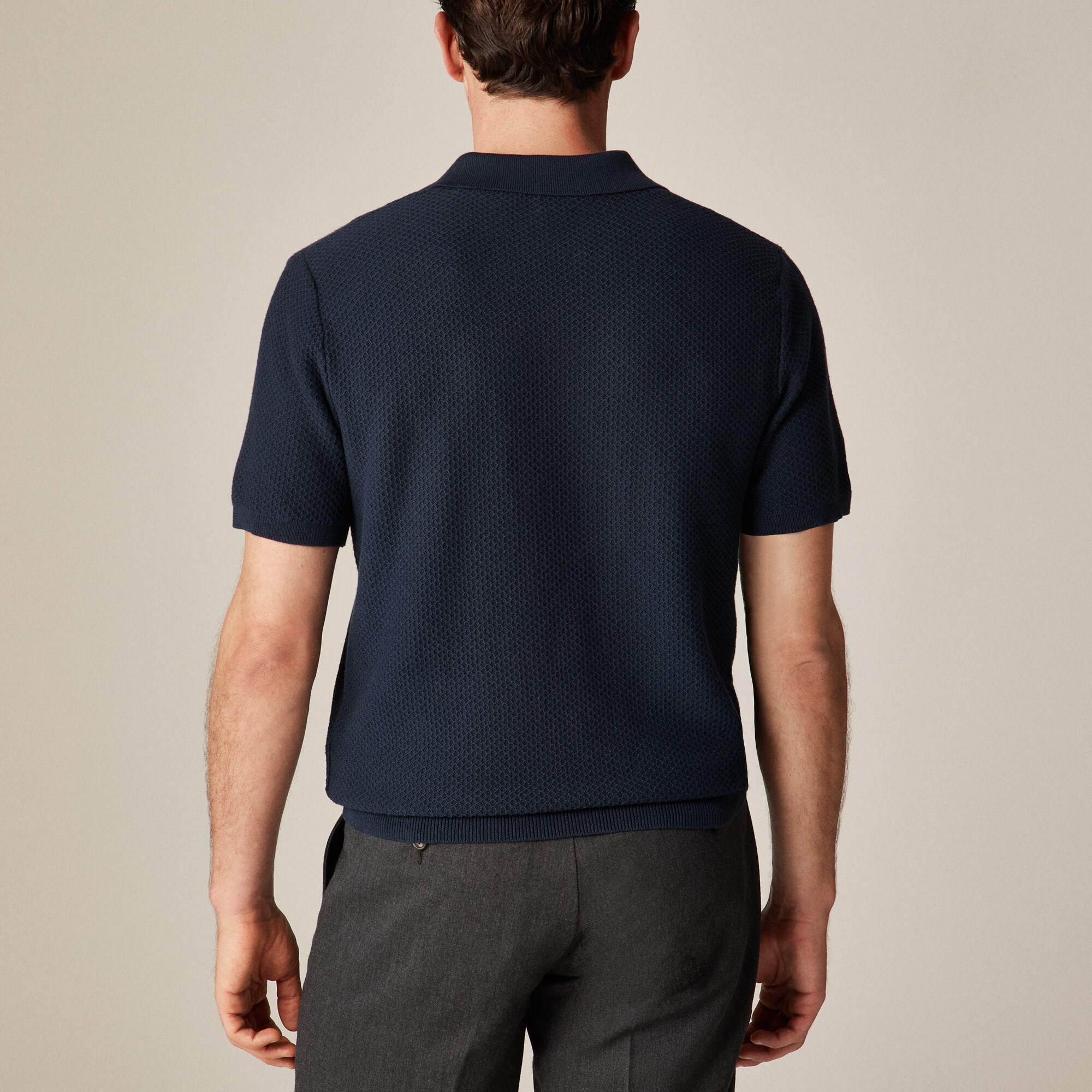 Short-sleeve textured-stitch cotton johnny-collar sweater-polo
