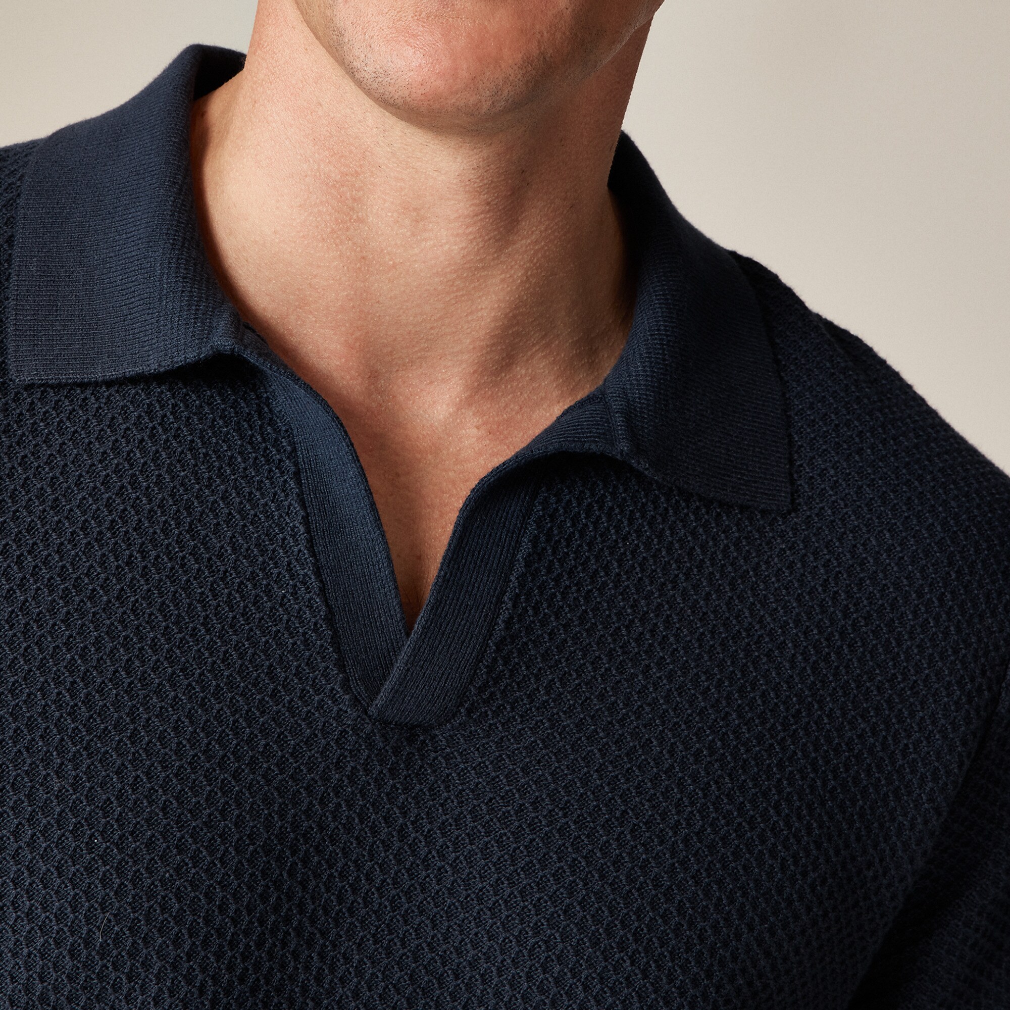 Short-sleeve textured-stitch cotton johnny-collar sweater-polo