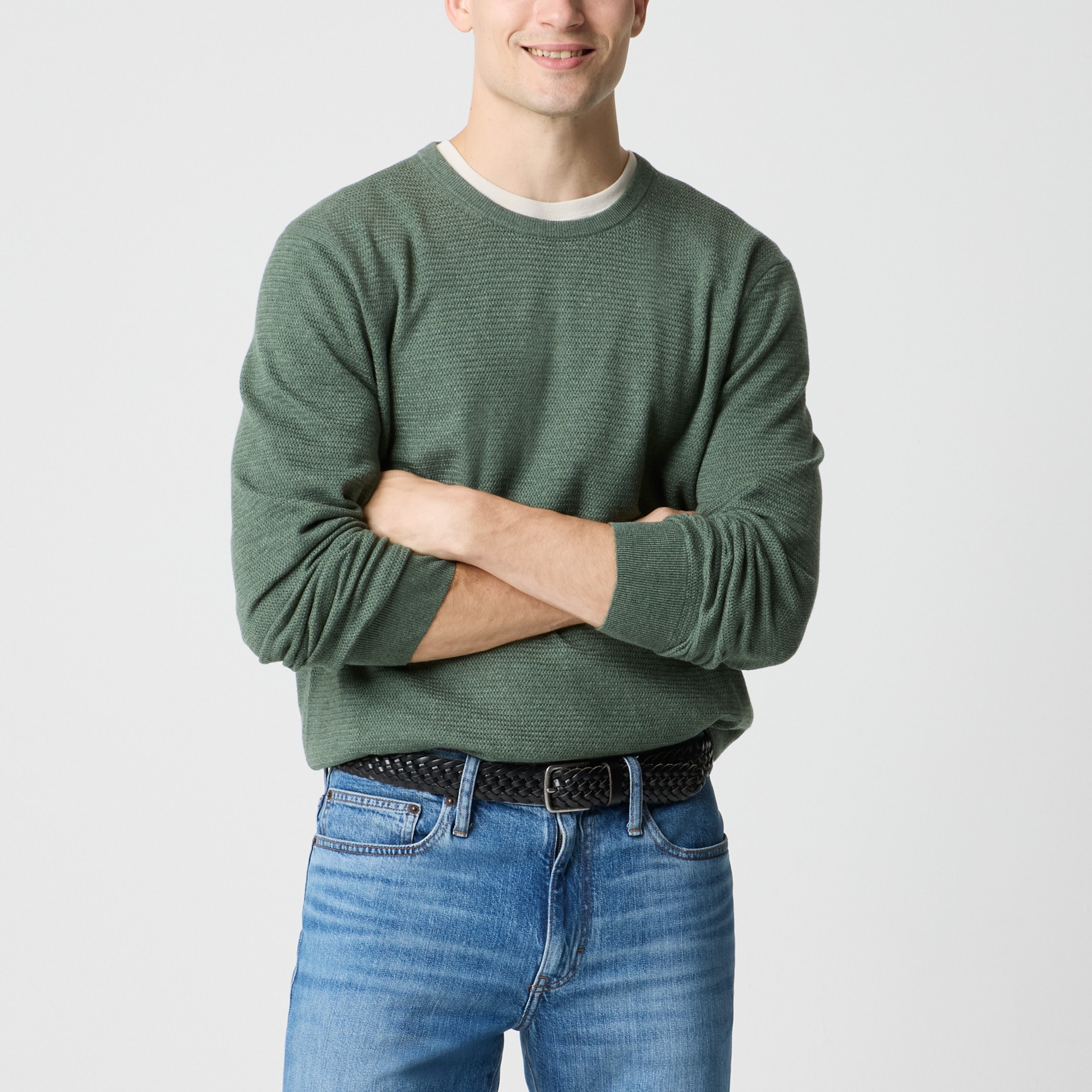 Long-sleeve basketweave crewneck sweater