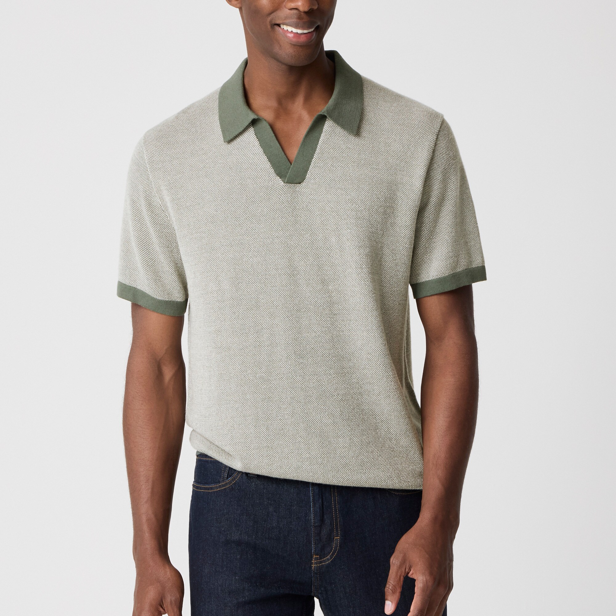 Merino wool-blend johnny-collar sweater-polo