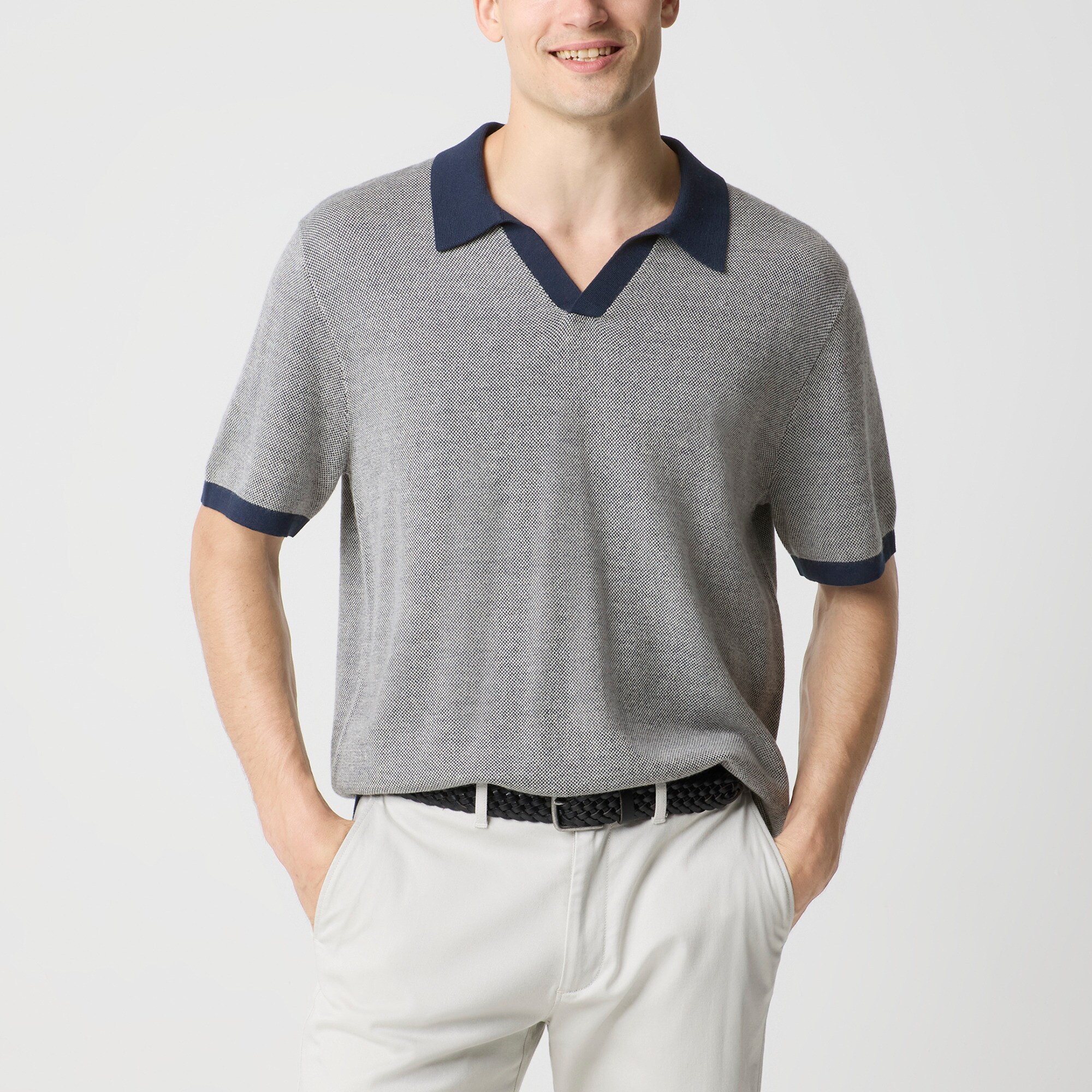Merino wool-blend johnny-collar sweater-polo