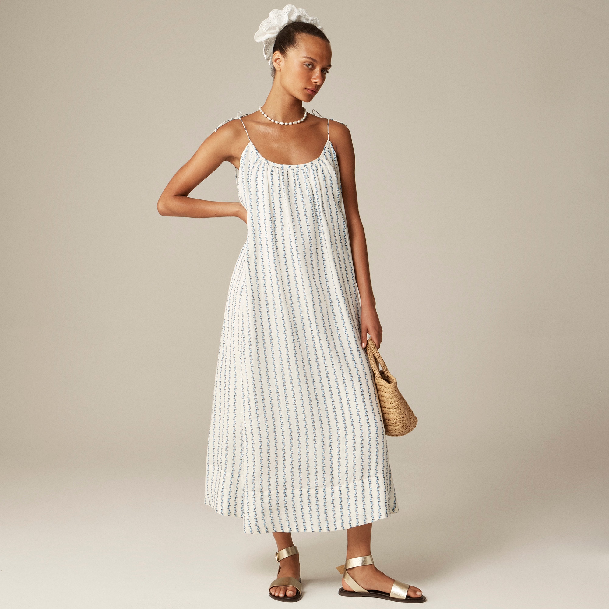 Floaty tie-shoulder dress in floral-print ramie