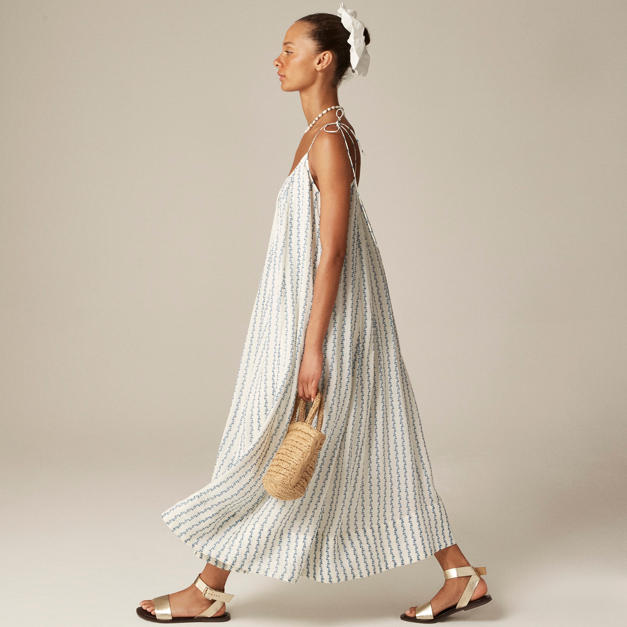 Floaty tie-shoulder dress in floral-print ramie