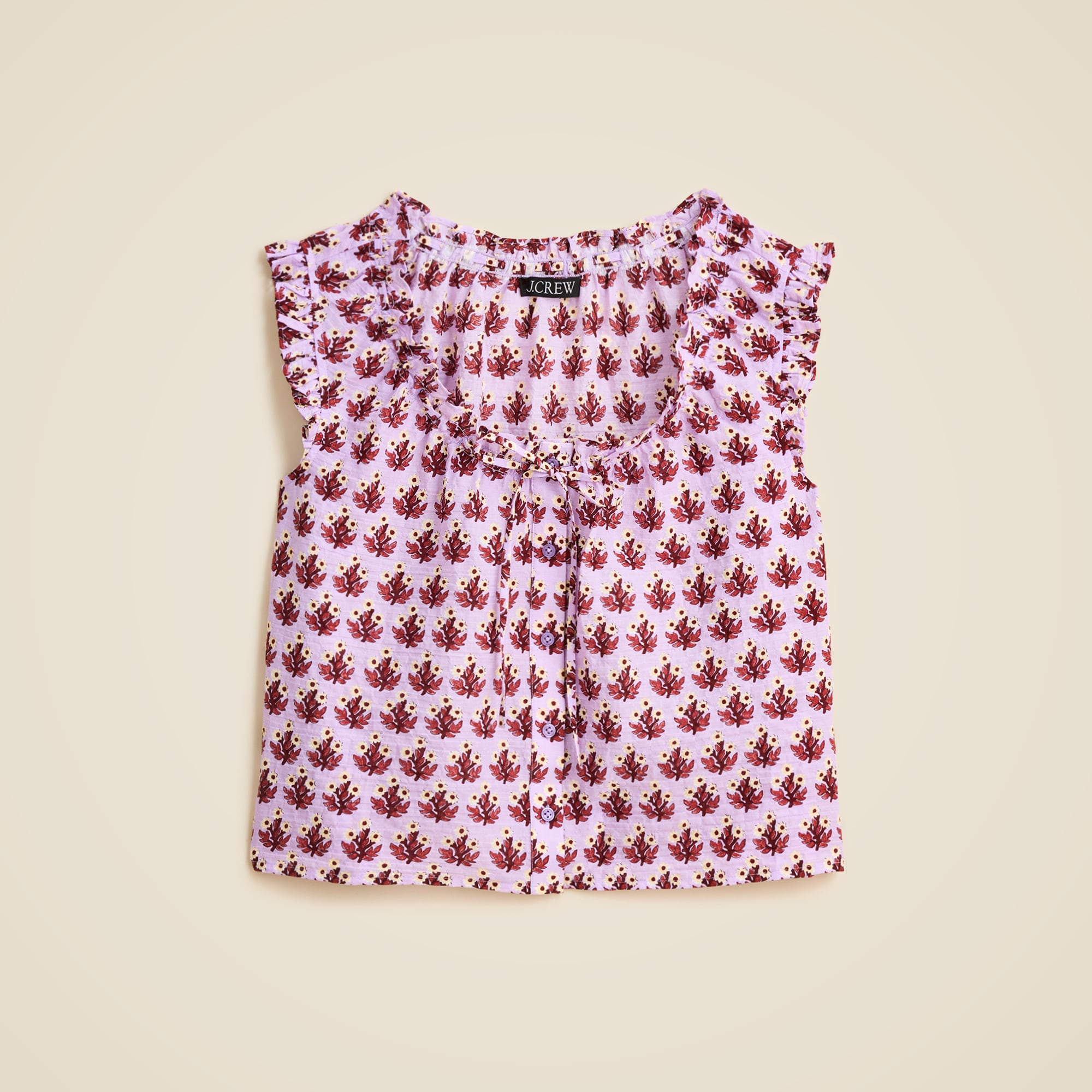 Ruffle-trim button-up top in block print