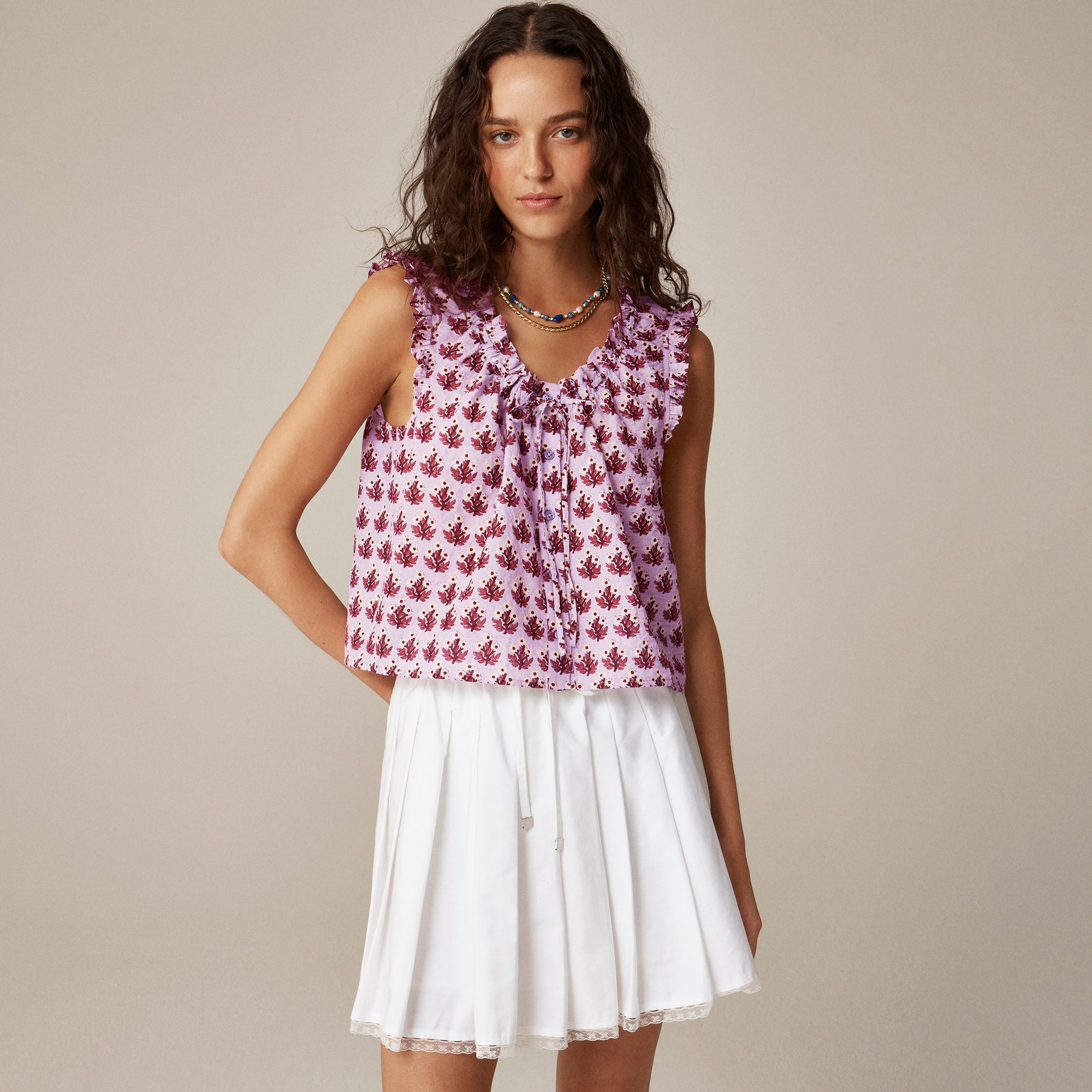 Ruffle-trim button-up top in block print - image 3