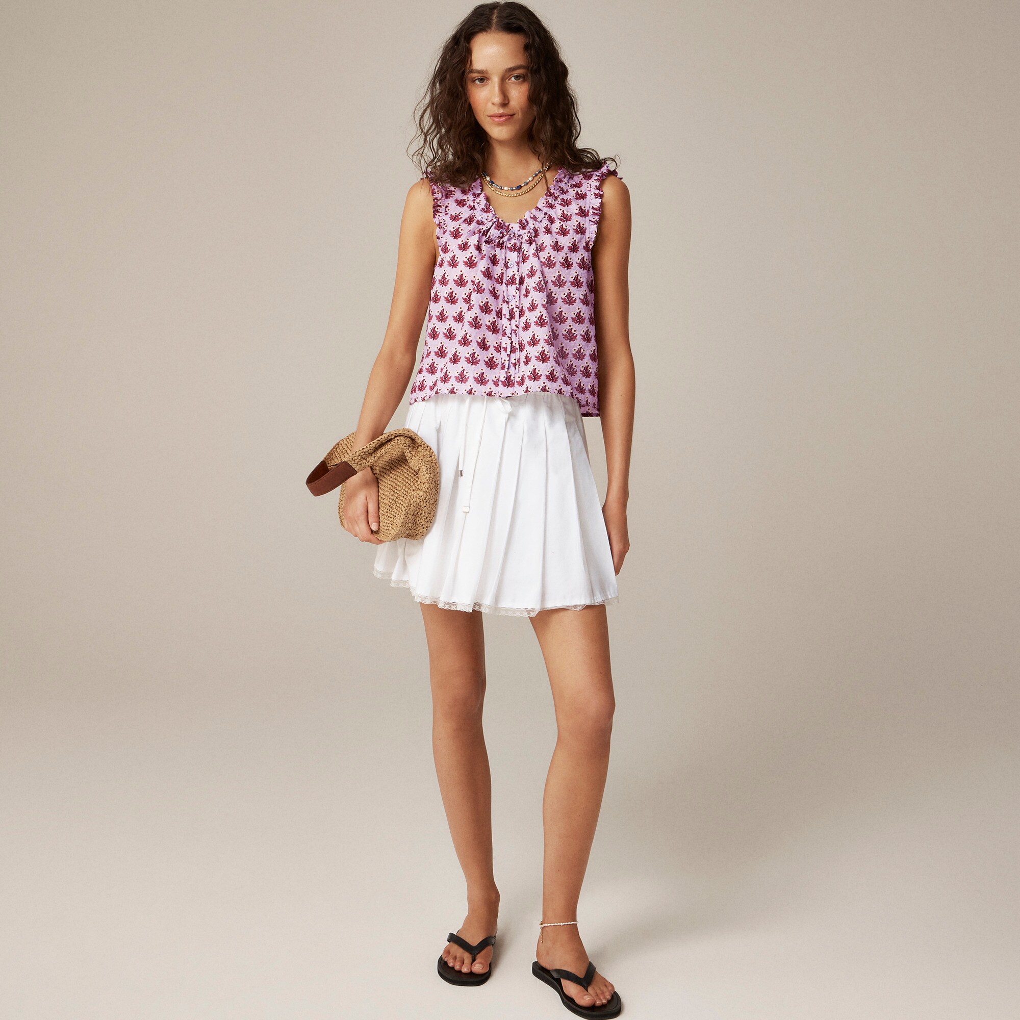  Ruffle-trim button-up top in block print