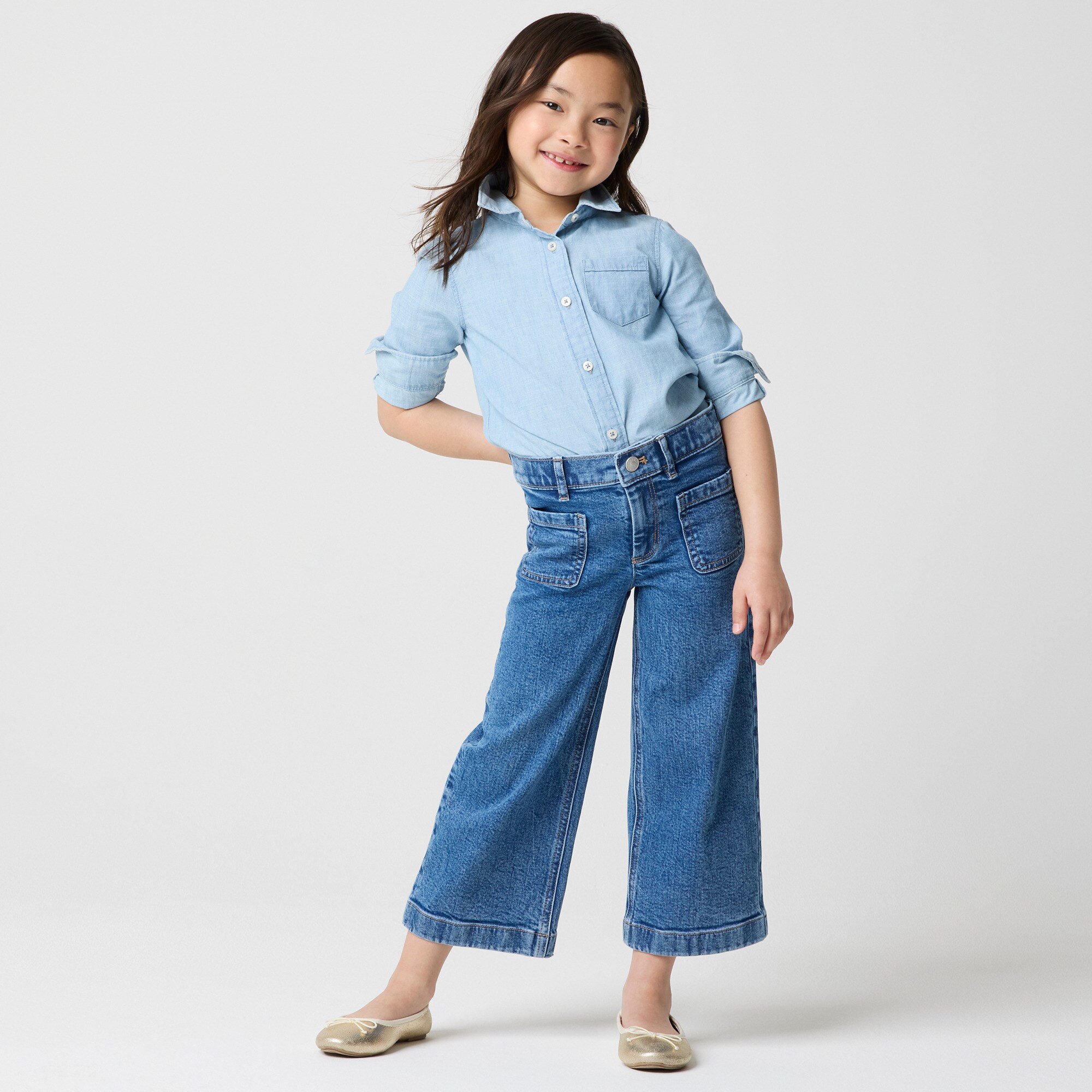  Girls' wide-leg patch-pocket jean