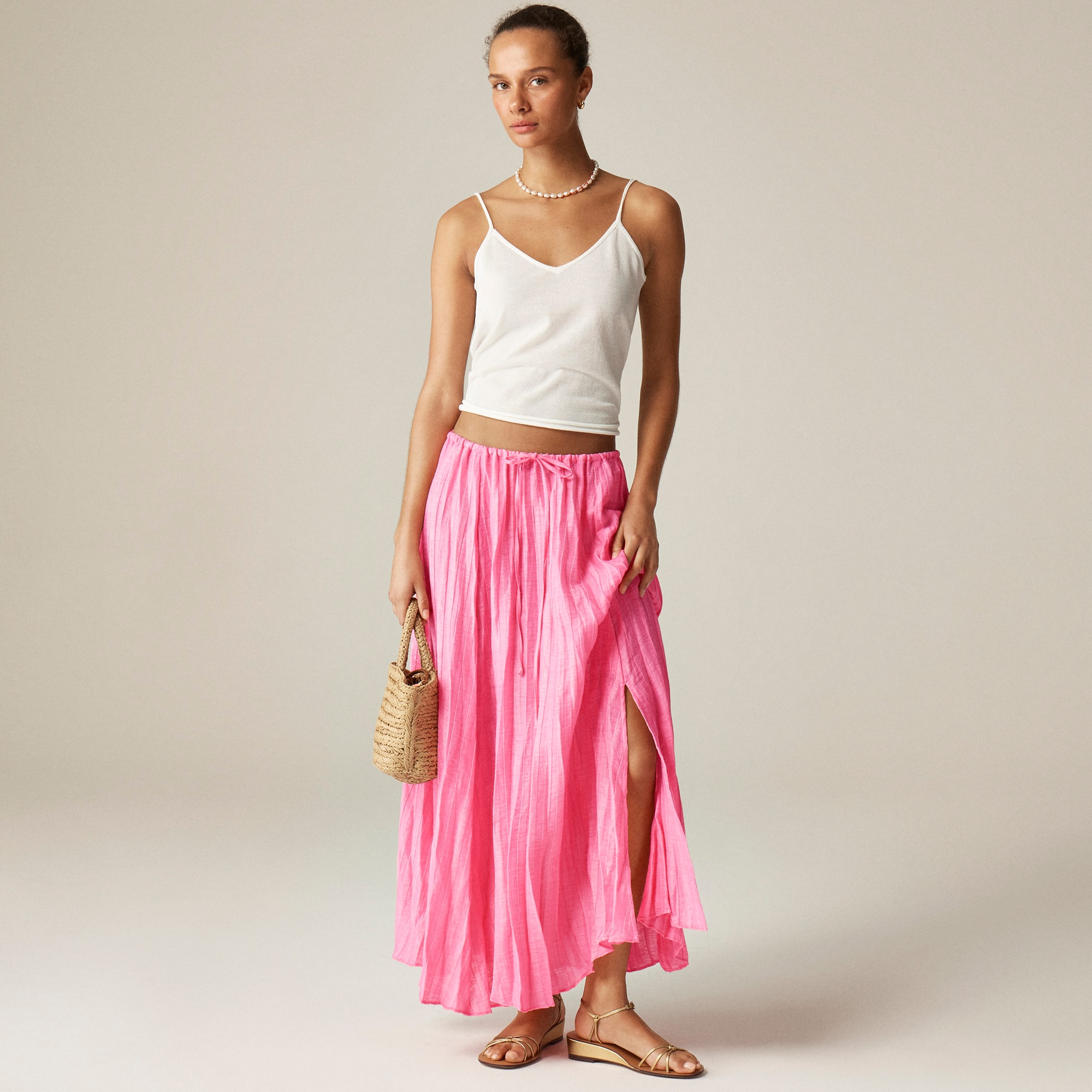 womens Pleated drawstring maxi skirt in linen blend