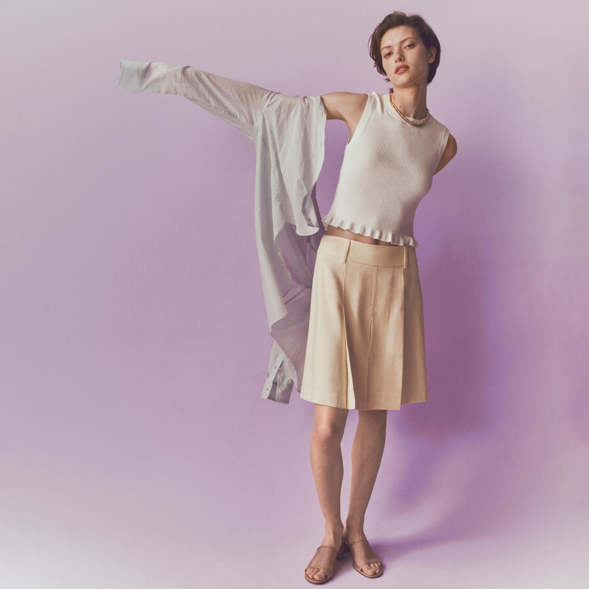womens Pleated knee-length skirt in luster canvas