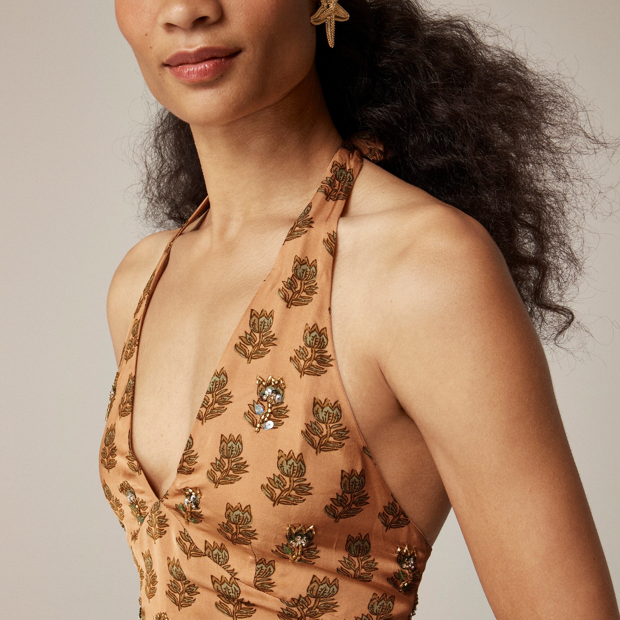 Collection Embellished Halter Dress In Tonal Tulip Block Print For