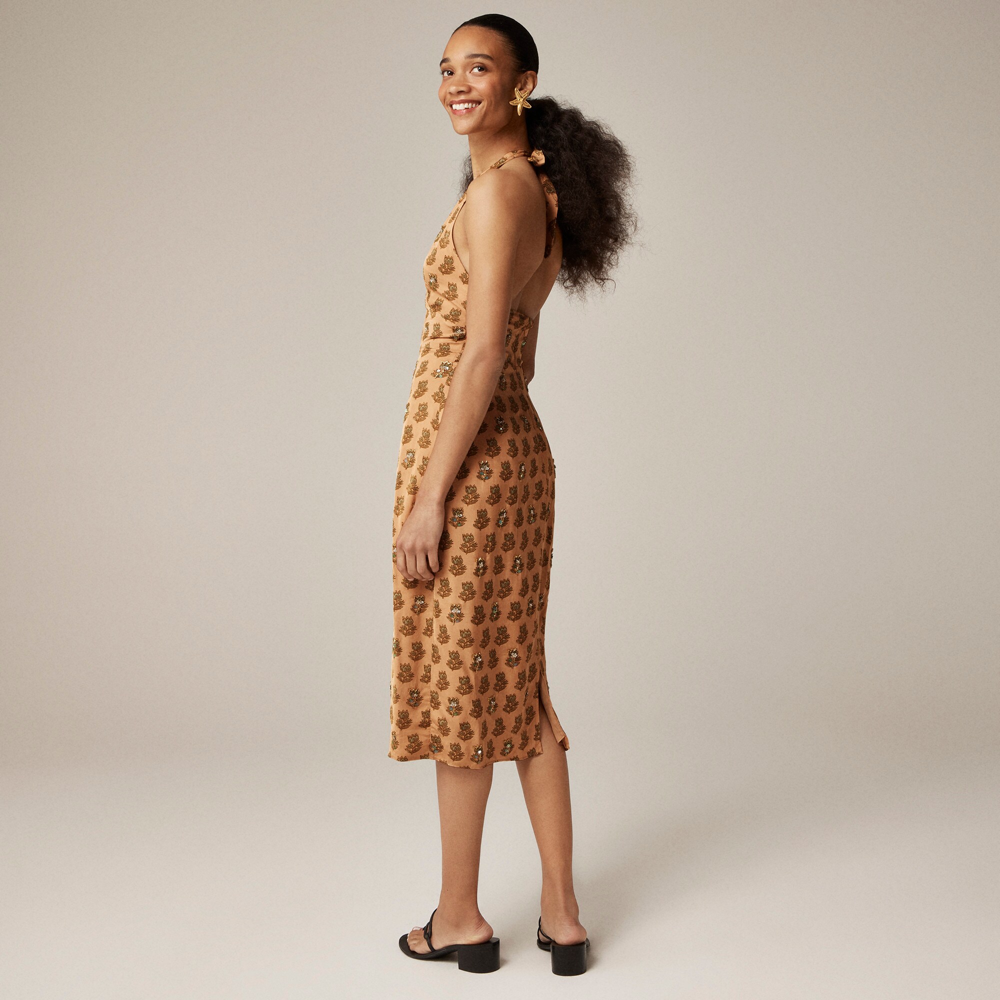 Collection embellished halter dress in tonal tulip block print