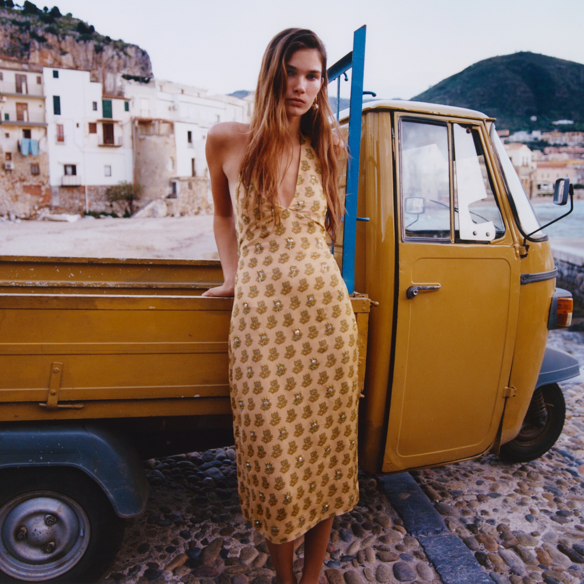 Collection Embellished Halter Dress In Tonal Tulip Block Print For