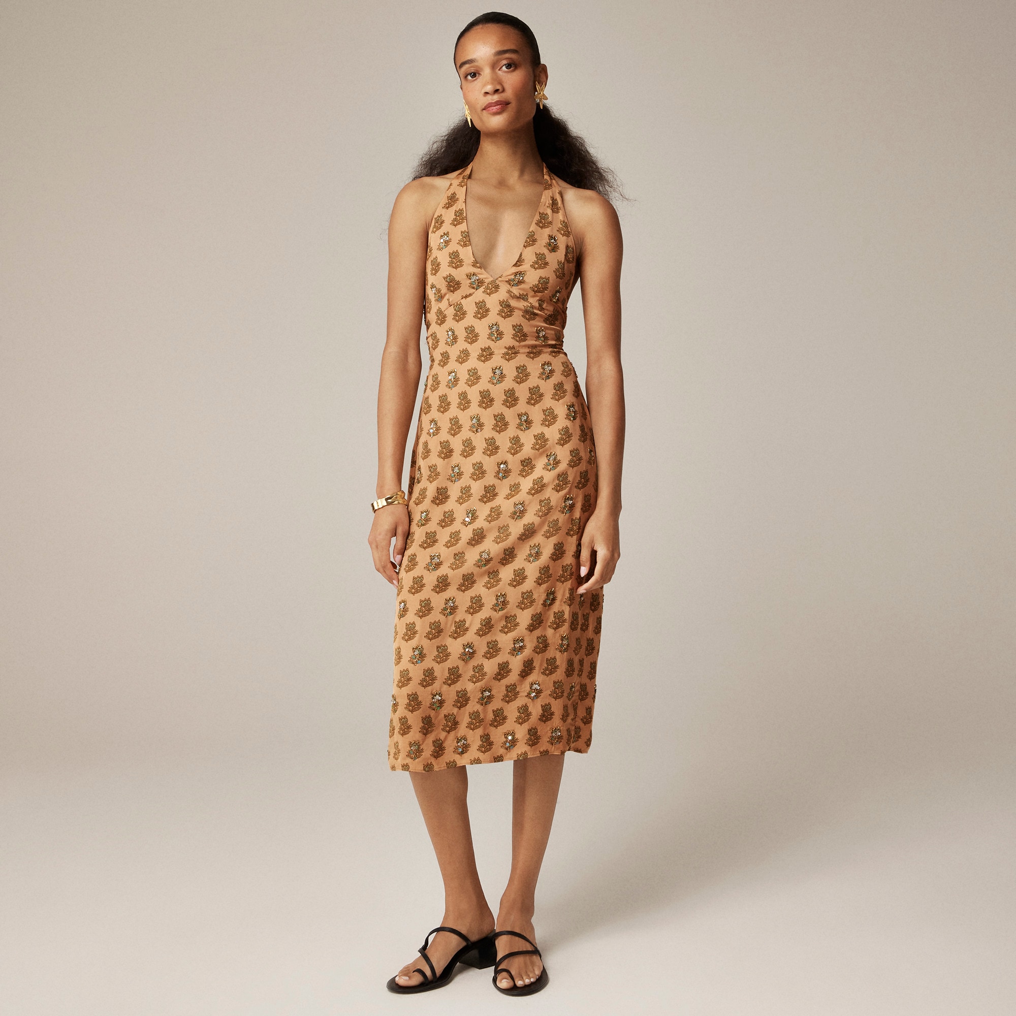 Collection Embellished Halter Dress In Tonal Tulip Block Print For