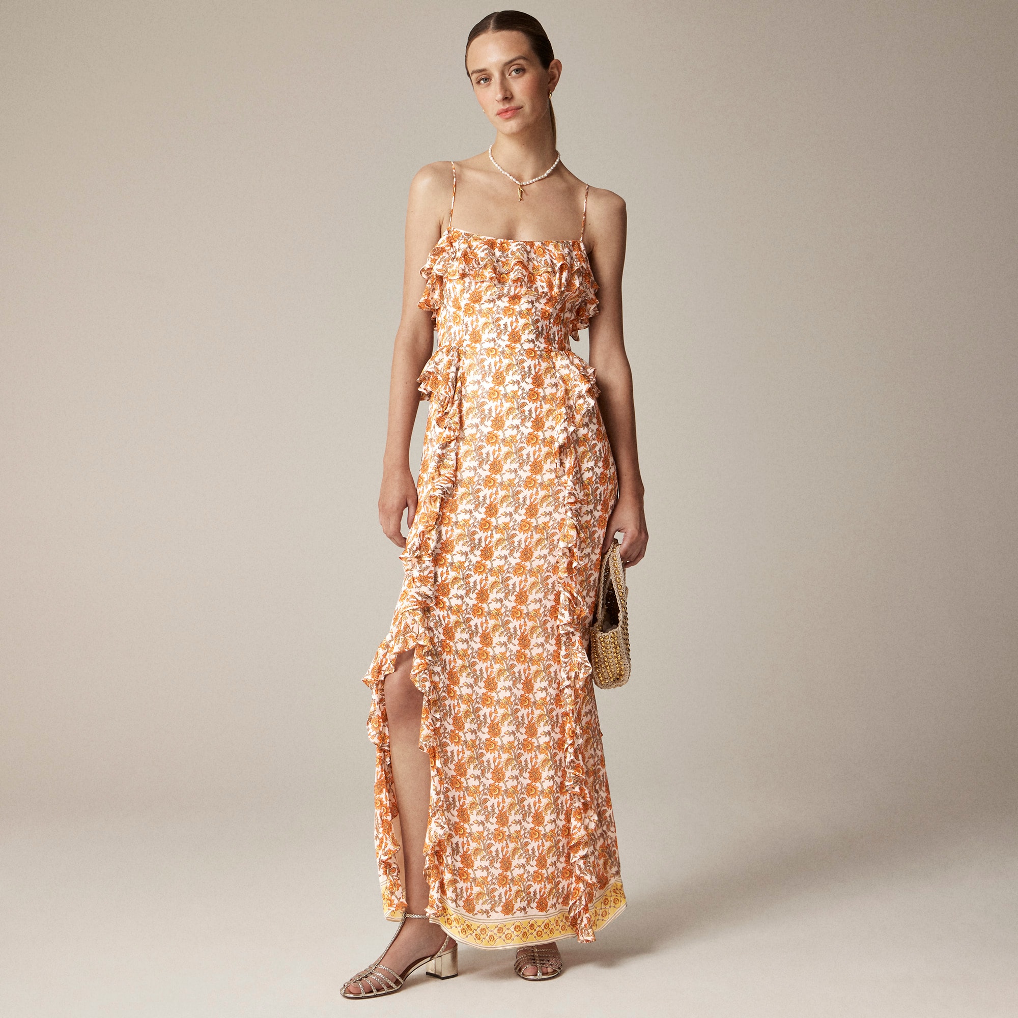  Collection cascading ruffle dress in sunset rose block print chiffon
