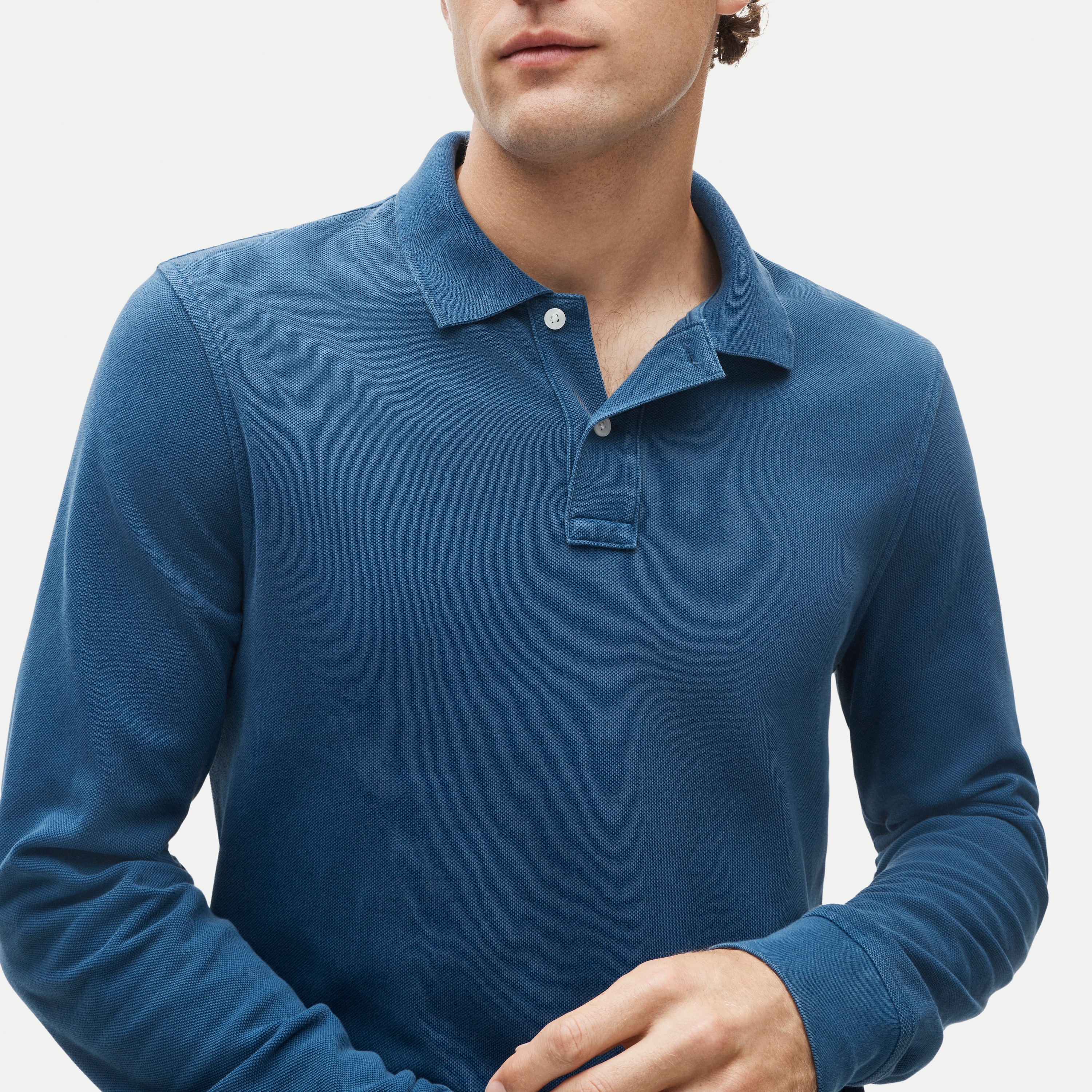 Long-sleeve washed piqué polo shirt