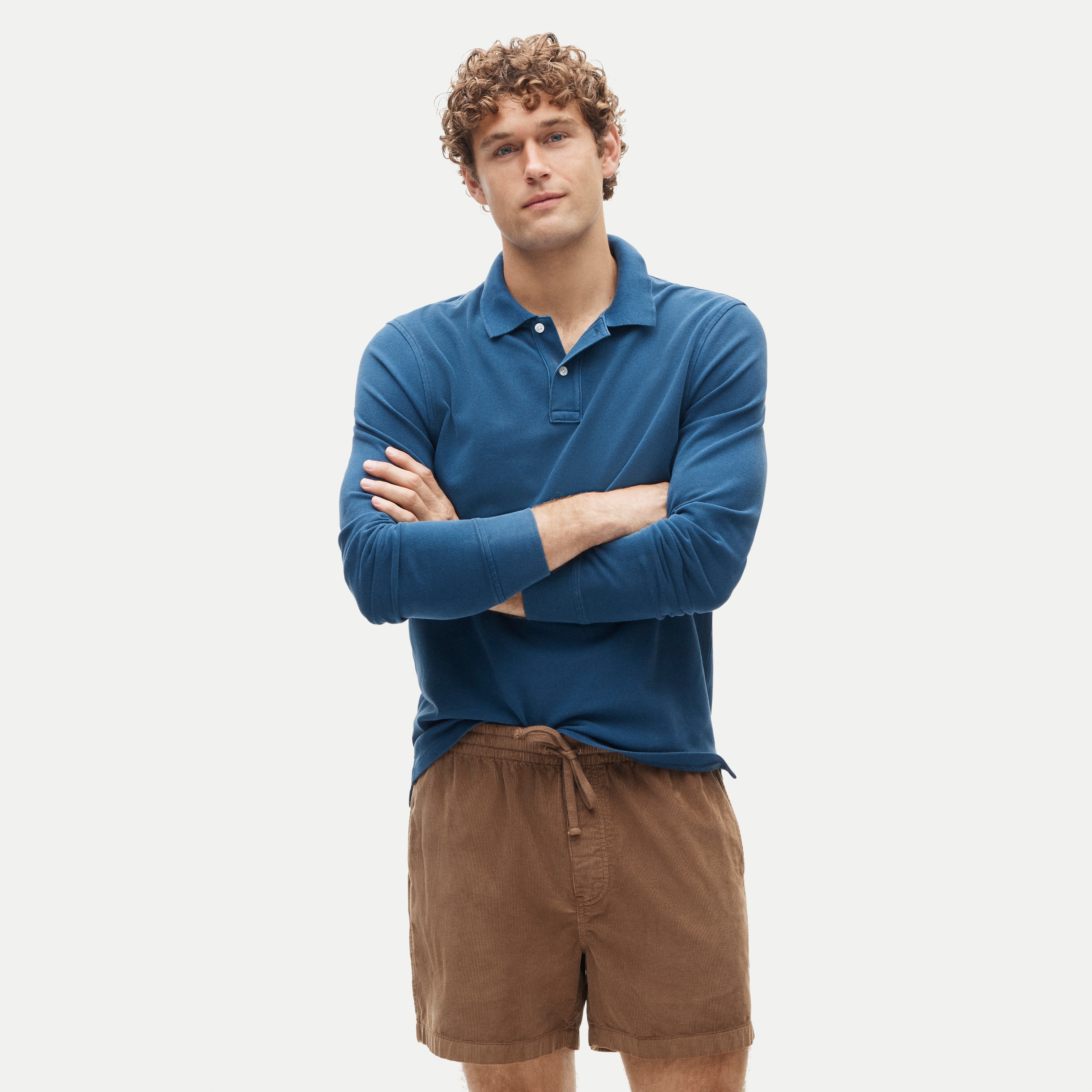 Long-sleeve washed piqué polo shirt