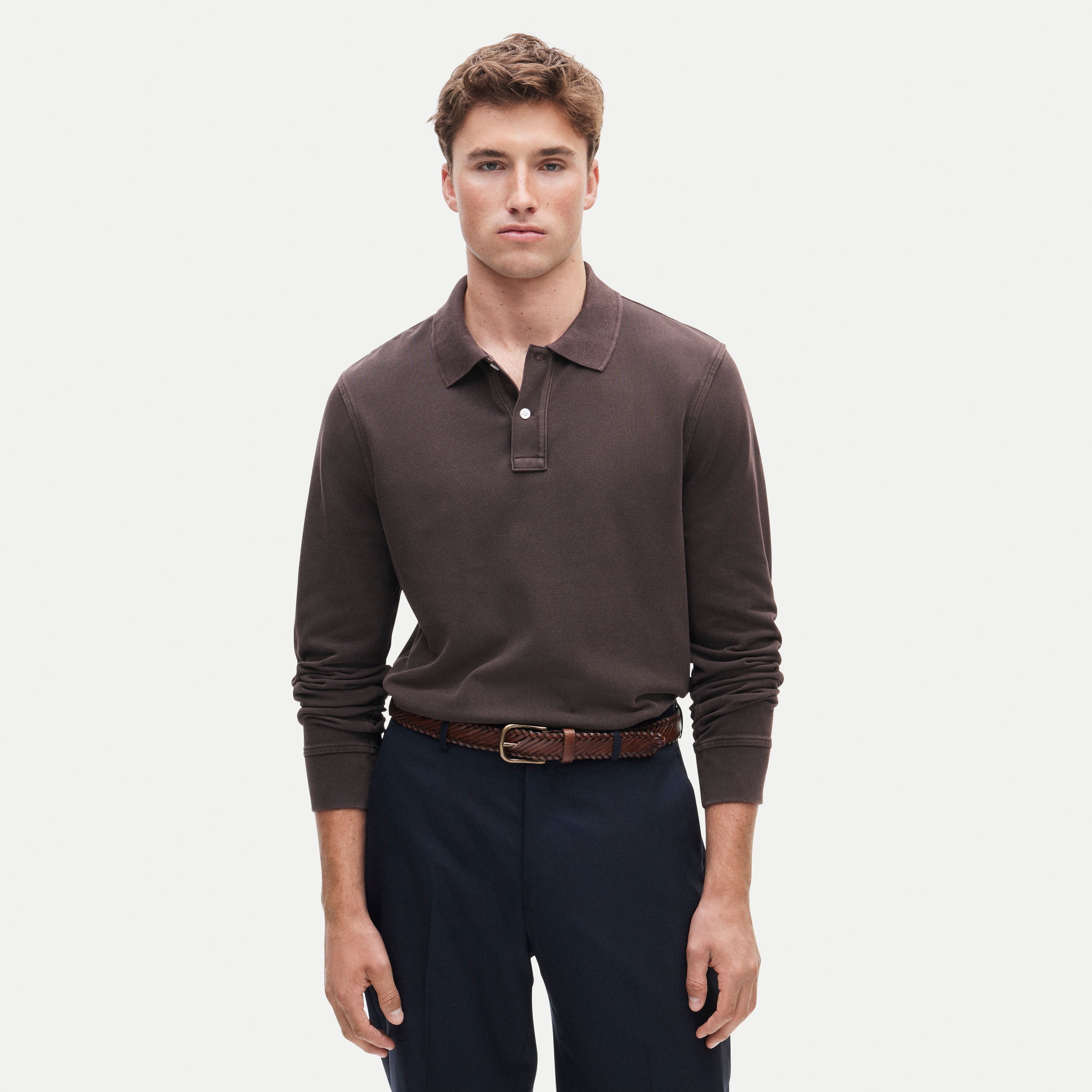 Long-sleeve washed piqué polo shirt