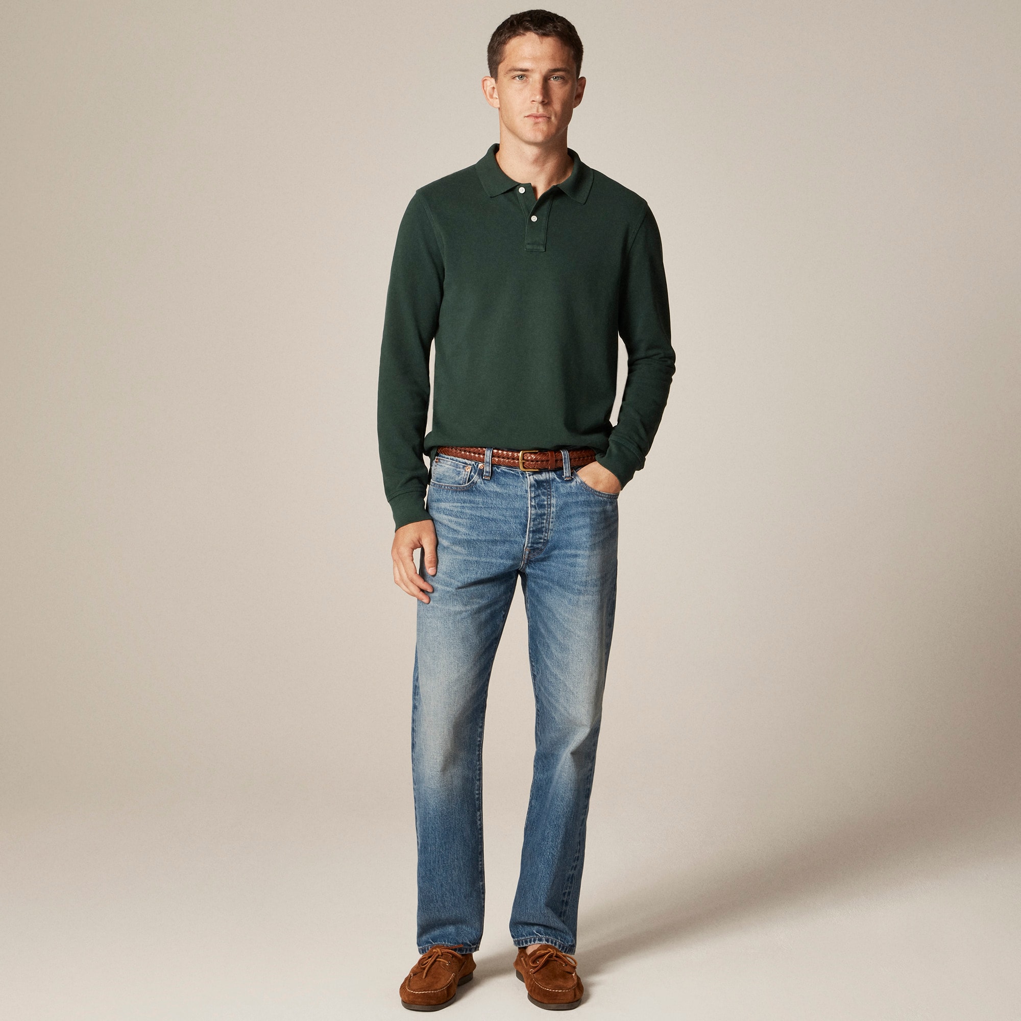Long-sleeve washed piqué polo shirt