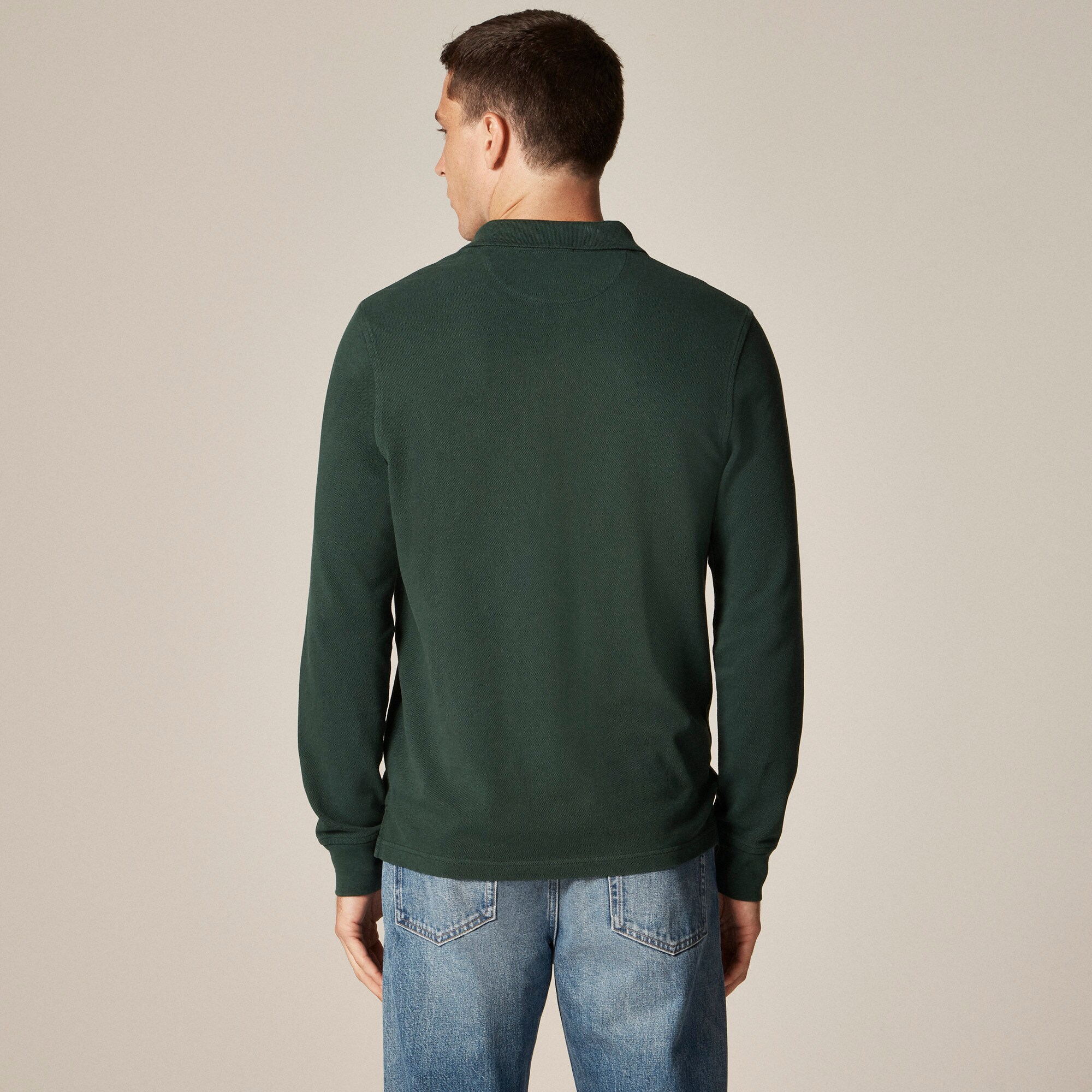 Long-sleeve washed piqué polo shirt