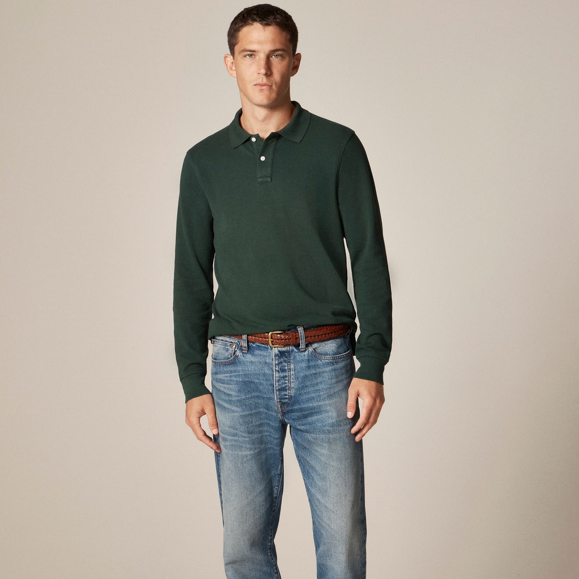  Long-sleeve washed piqu&eacute; polo shirt