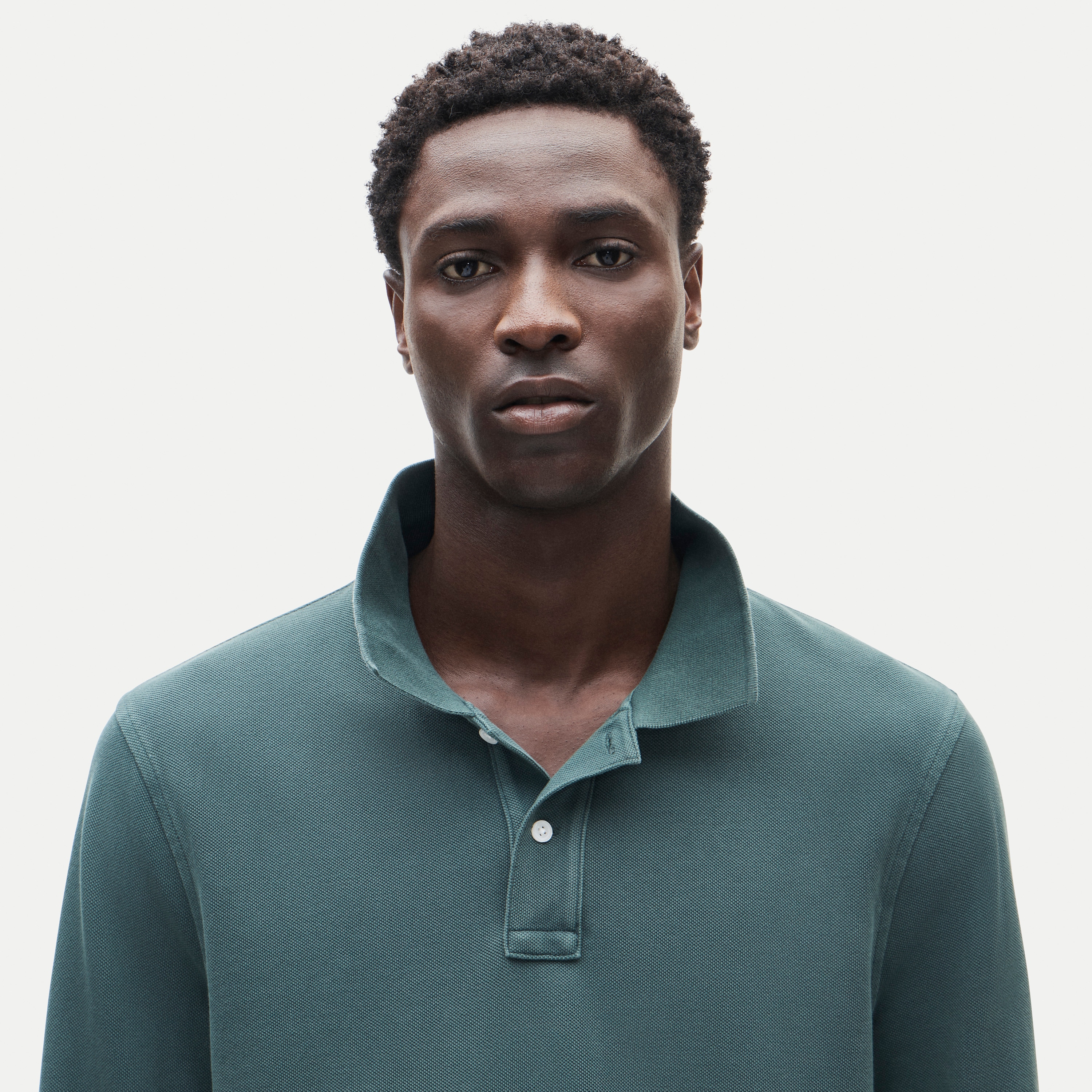 Long-sleeve washed piqué polo shirt
