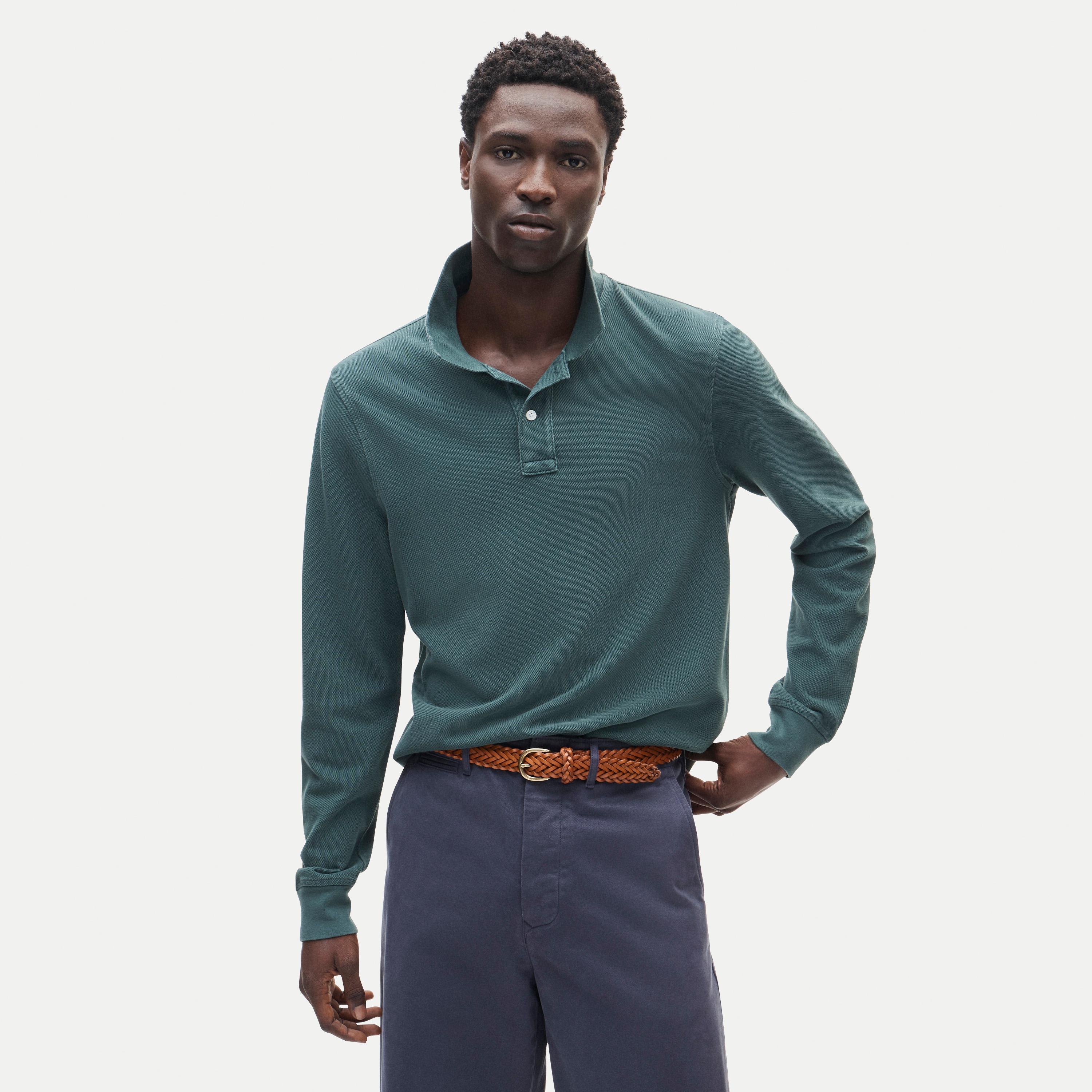 Long-sleeve washed piqué polo shirt