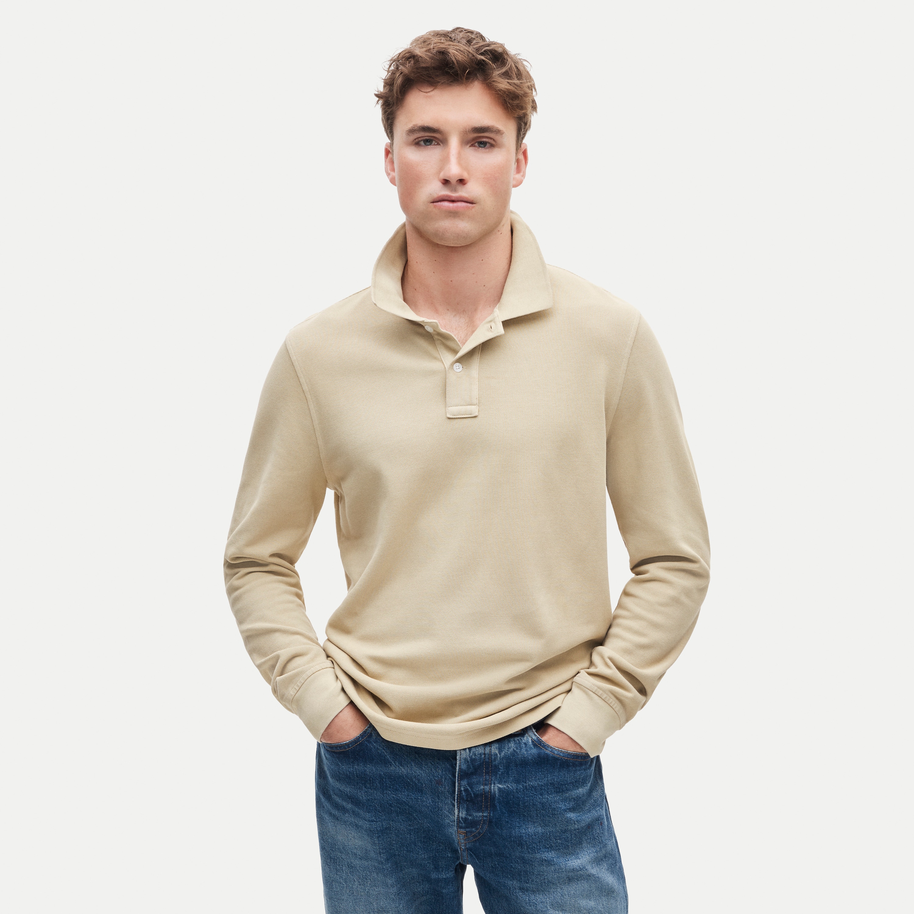 Long-sleeve washed piqué polo shirt