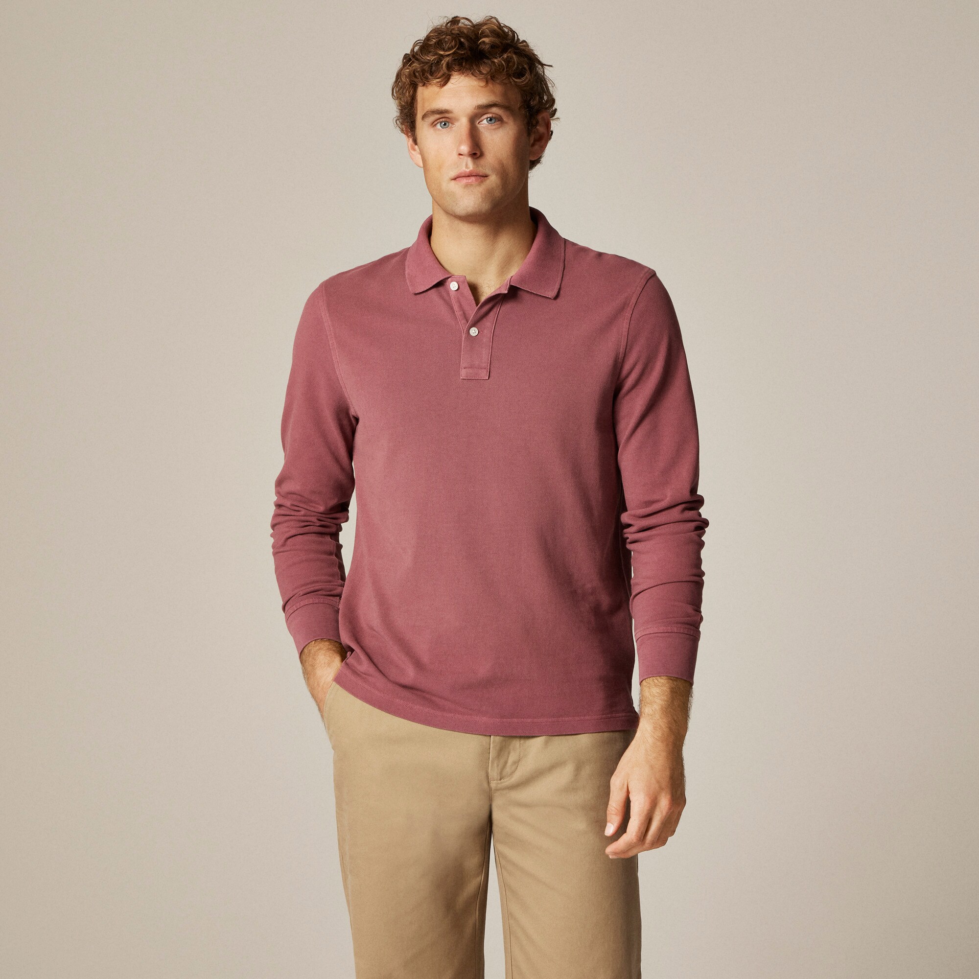  Long-sleeve washed piqu&eacute; polo shirt