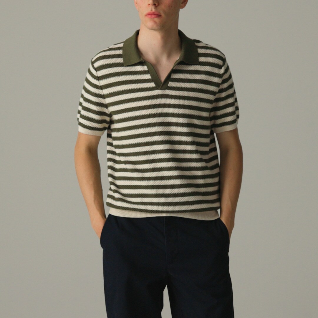 Short-sleeve textured-stitch cotton johnny-collar sweater-polo in stripe