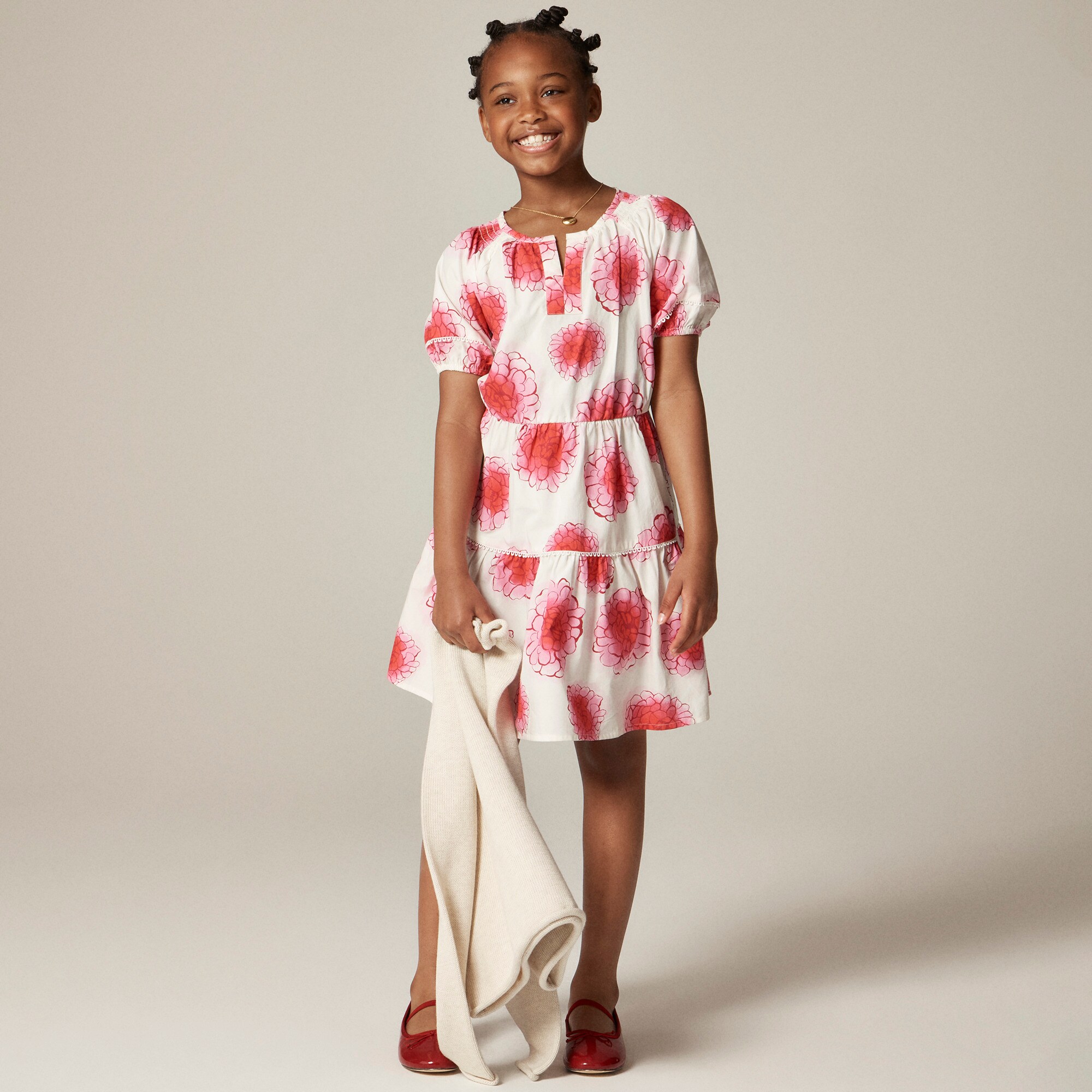  Girls' tiered puff-sleeve dress in peony floral