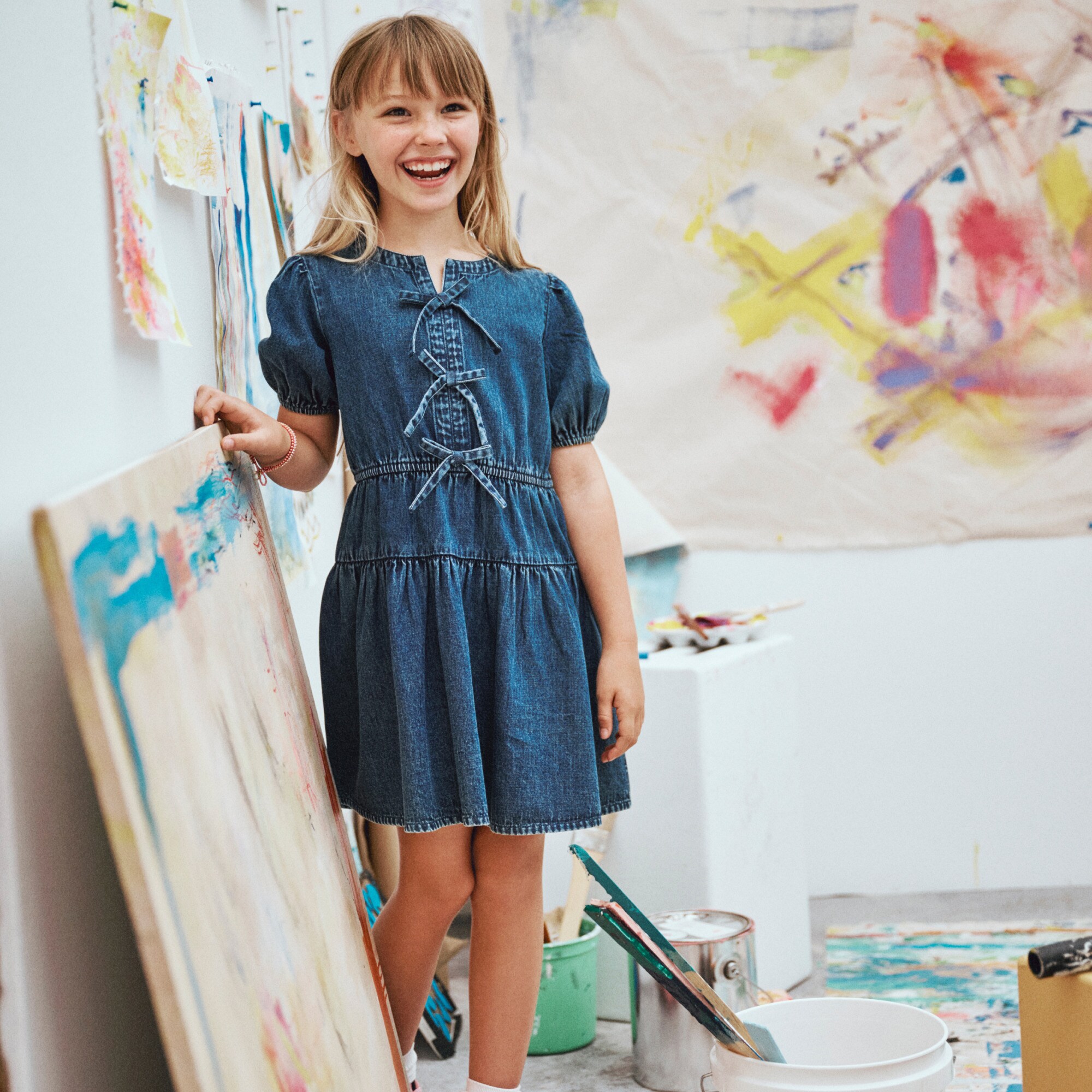 easel denim dress APNY Apparel Short Sleeve Tie Front Lightweight Denim Dress main image 1