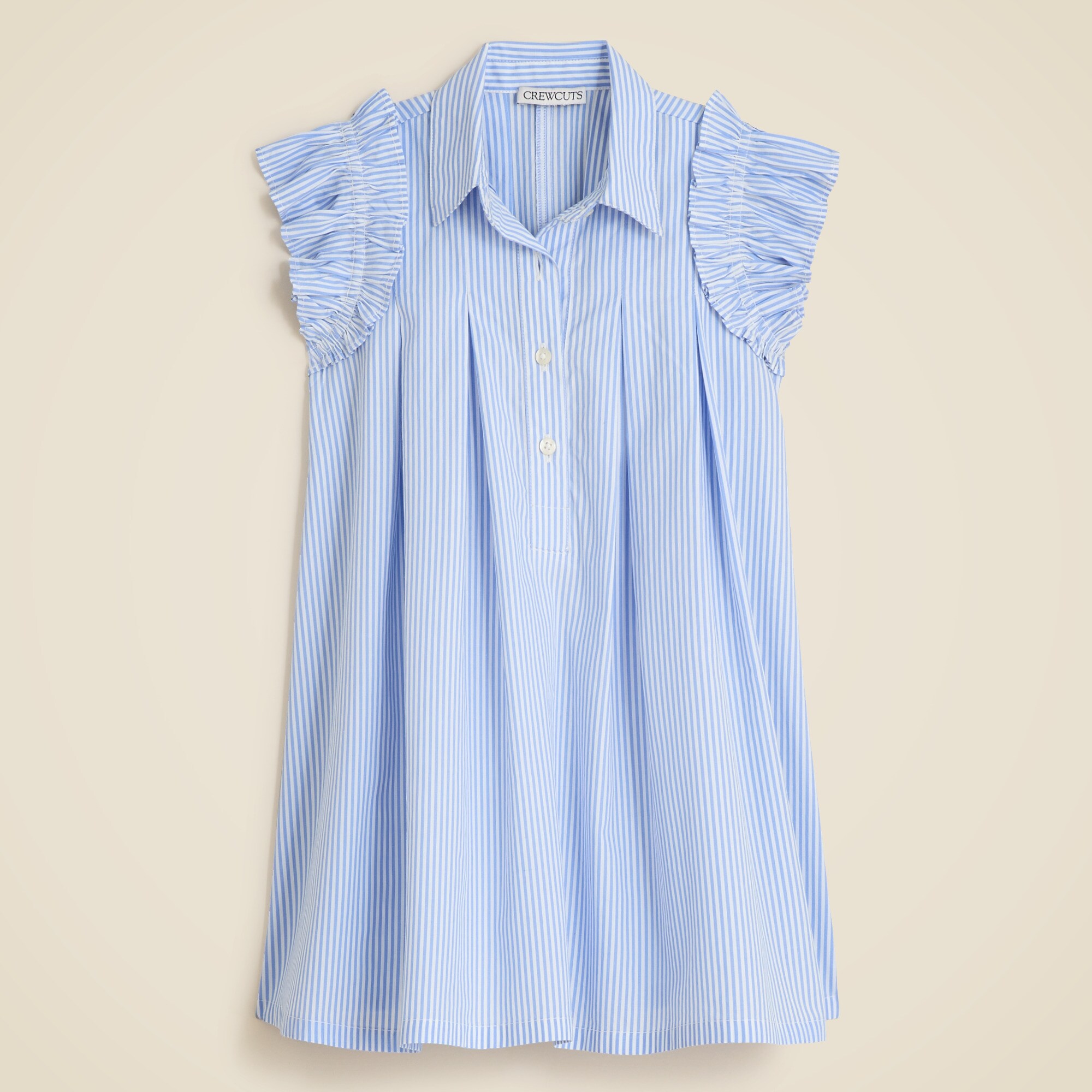 Girls' ruffle-sleeve shirt-dress in striped cotton poplin
