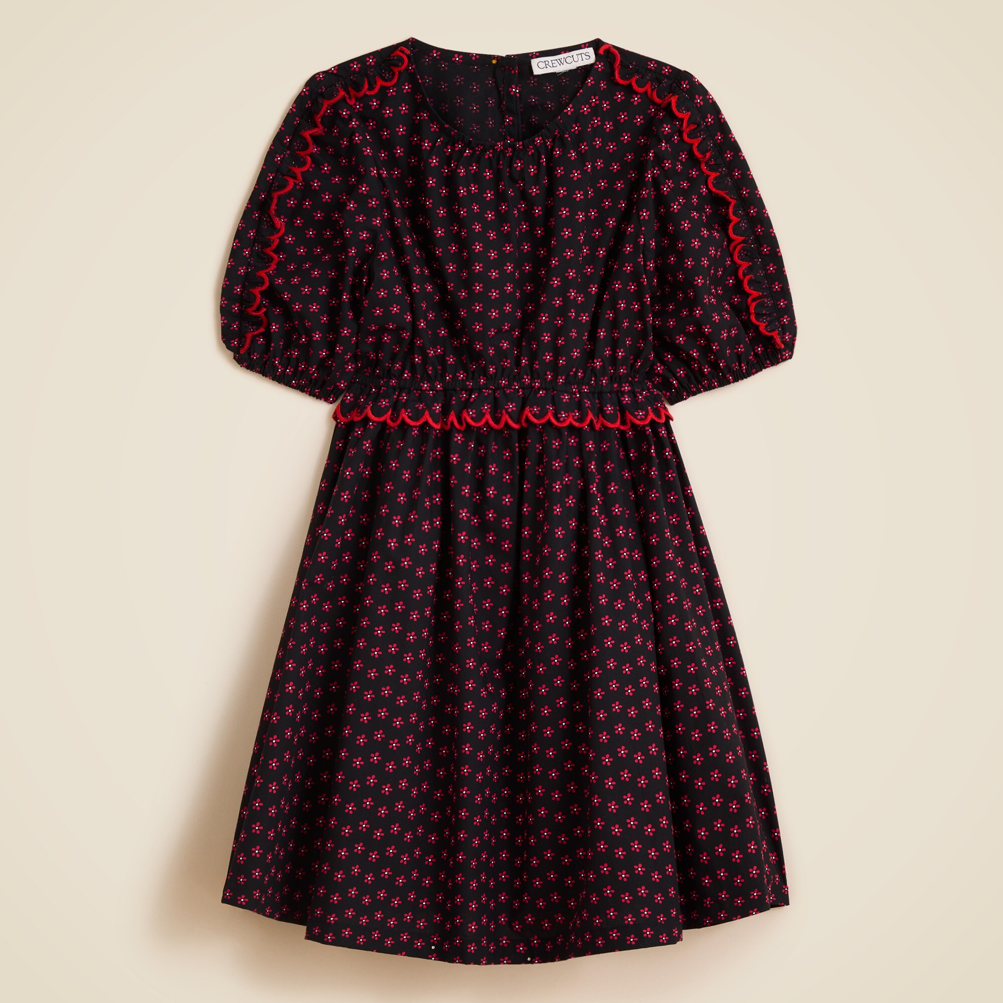  Girls' puff-sleeve scallop-trim dress in floral