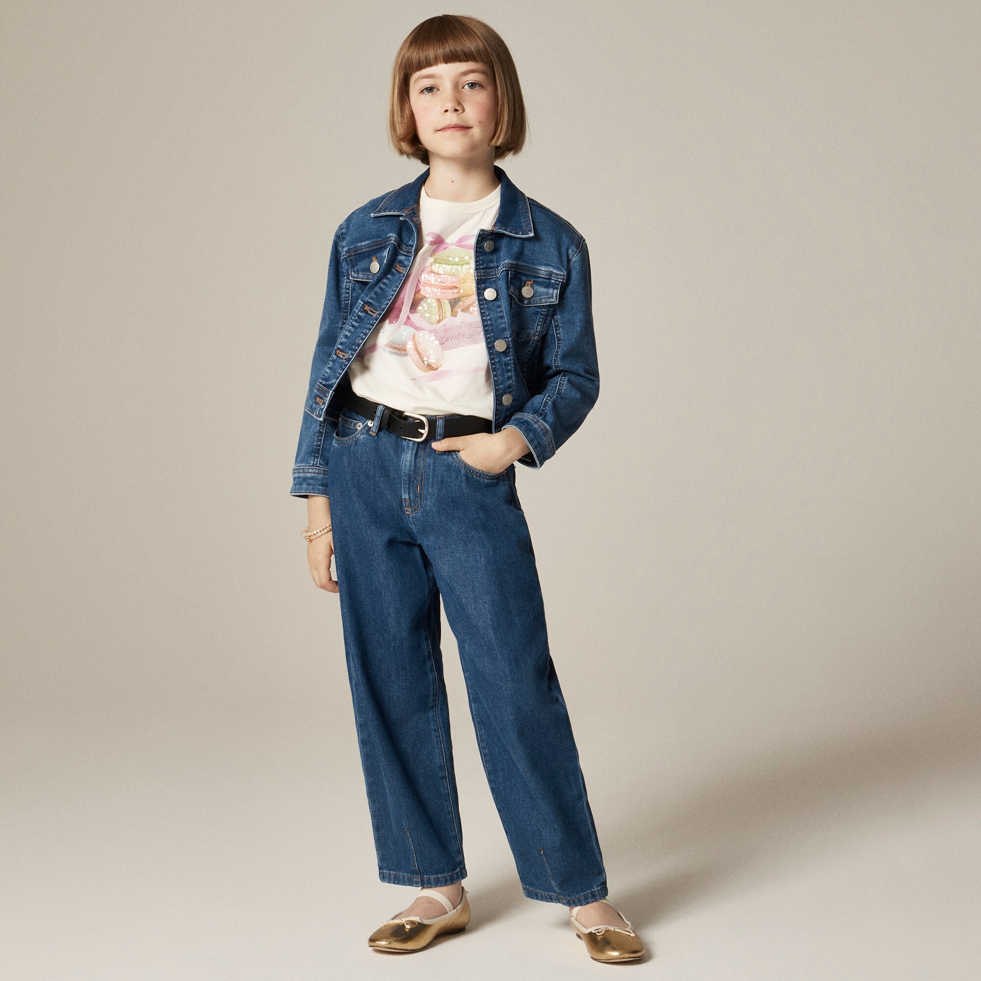 Girls' short-sleeve macaron graphic T-shirt with sequins