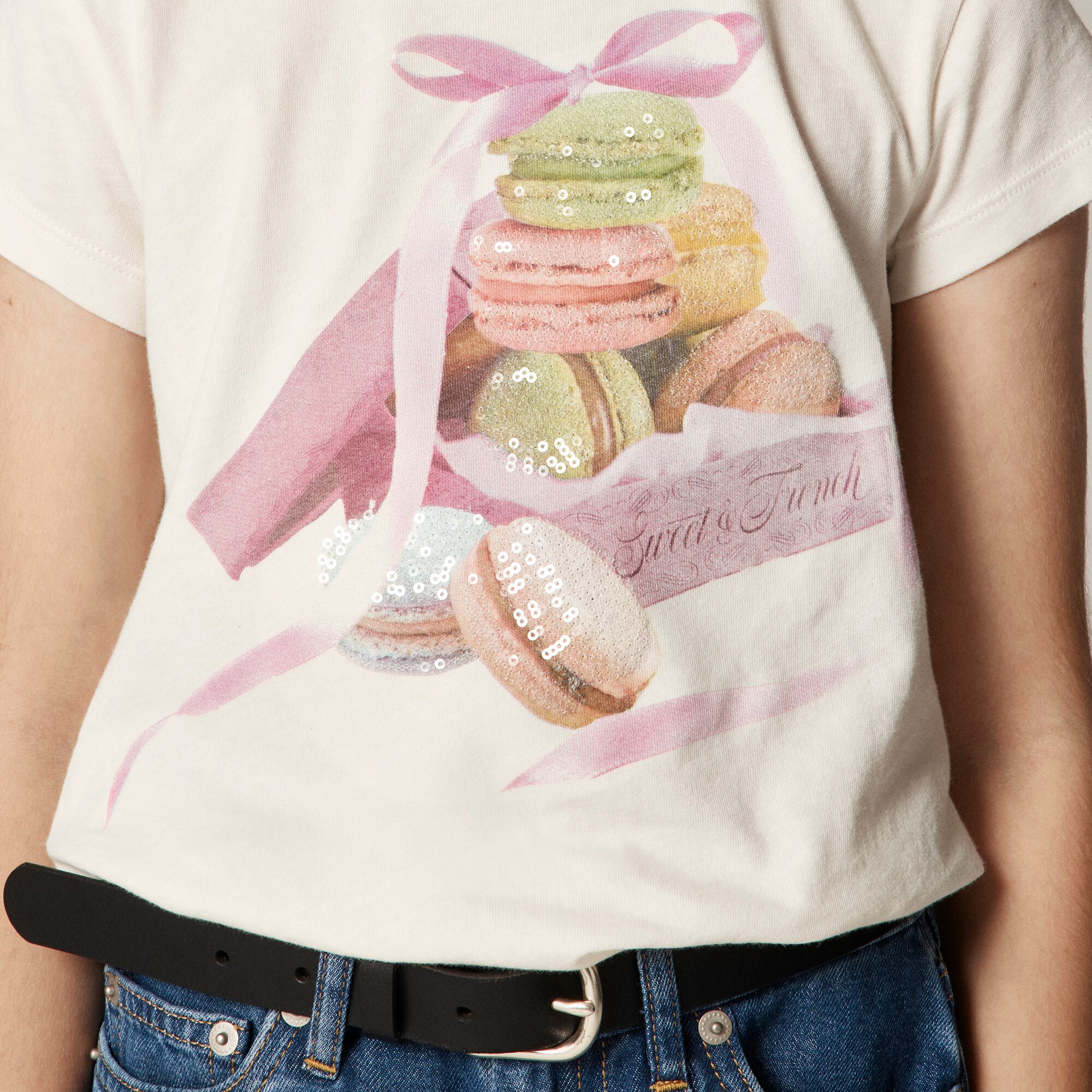 Girls' short-sleeve macaron graphic T-shirt with sequins