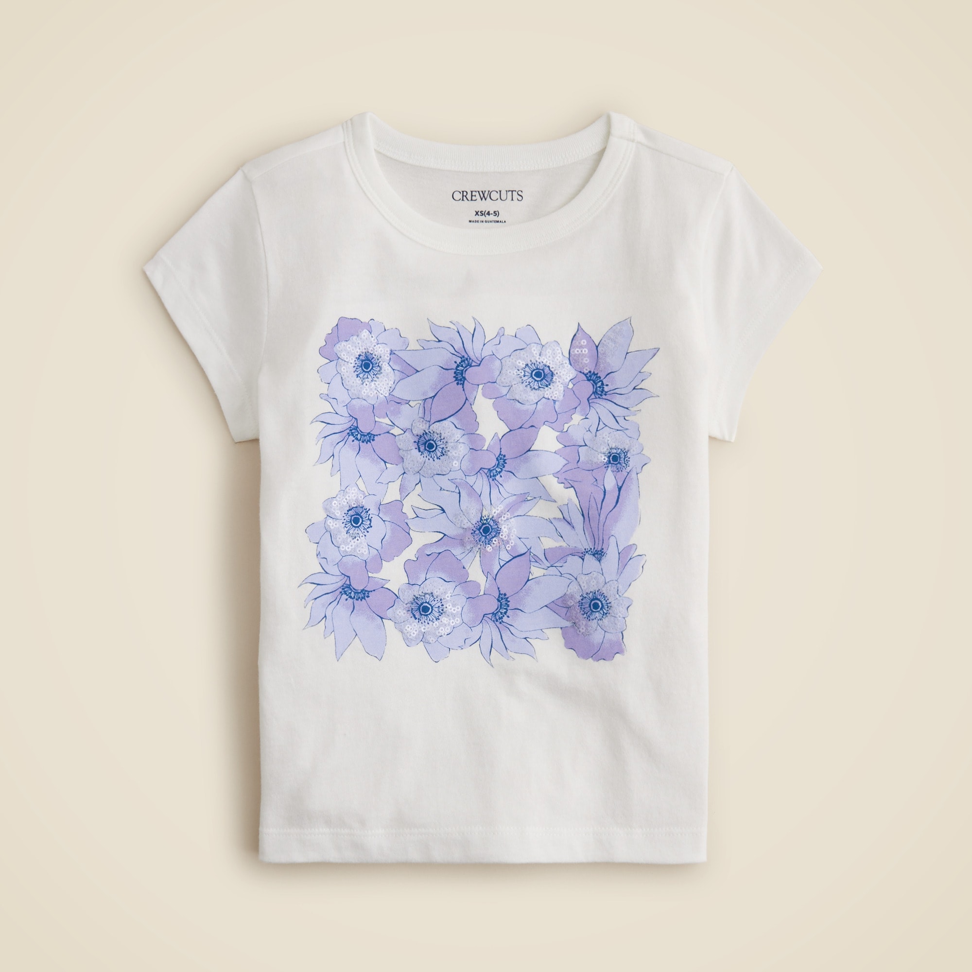フラワープリント T-SHIRTS-WHITE (SIZE:S) Girls' Short-sleeve Flower Grid Graphic T-shirt With Sequins