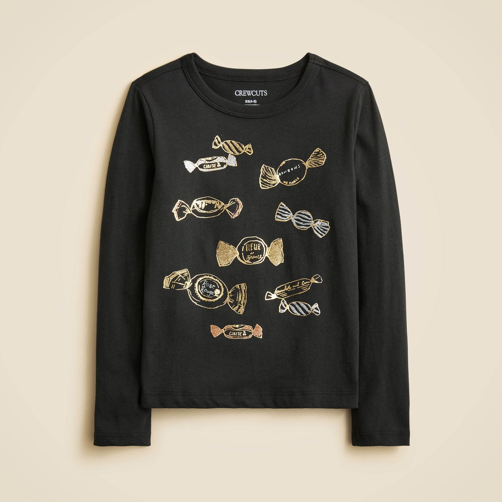 Girls' long-sleeve bonbon graphic T-shirt with glitter