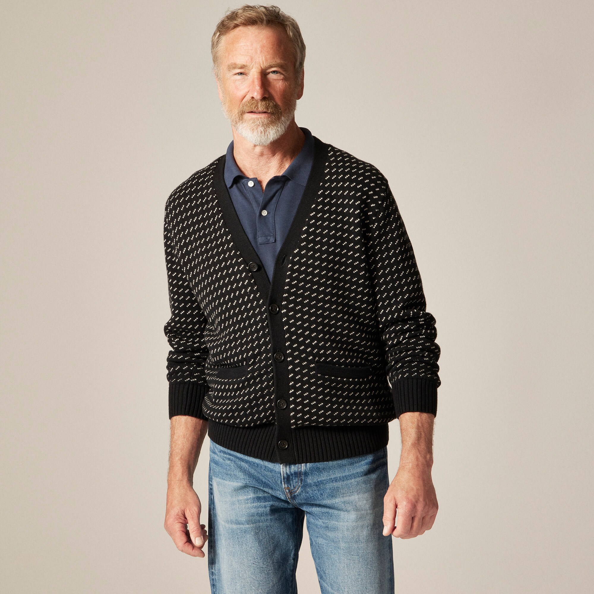 Heritage Cotton V-neck Cardigan In Bird's Eye For Men | J.Crew