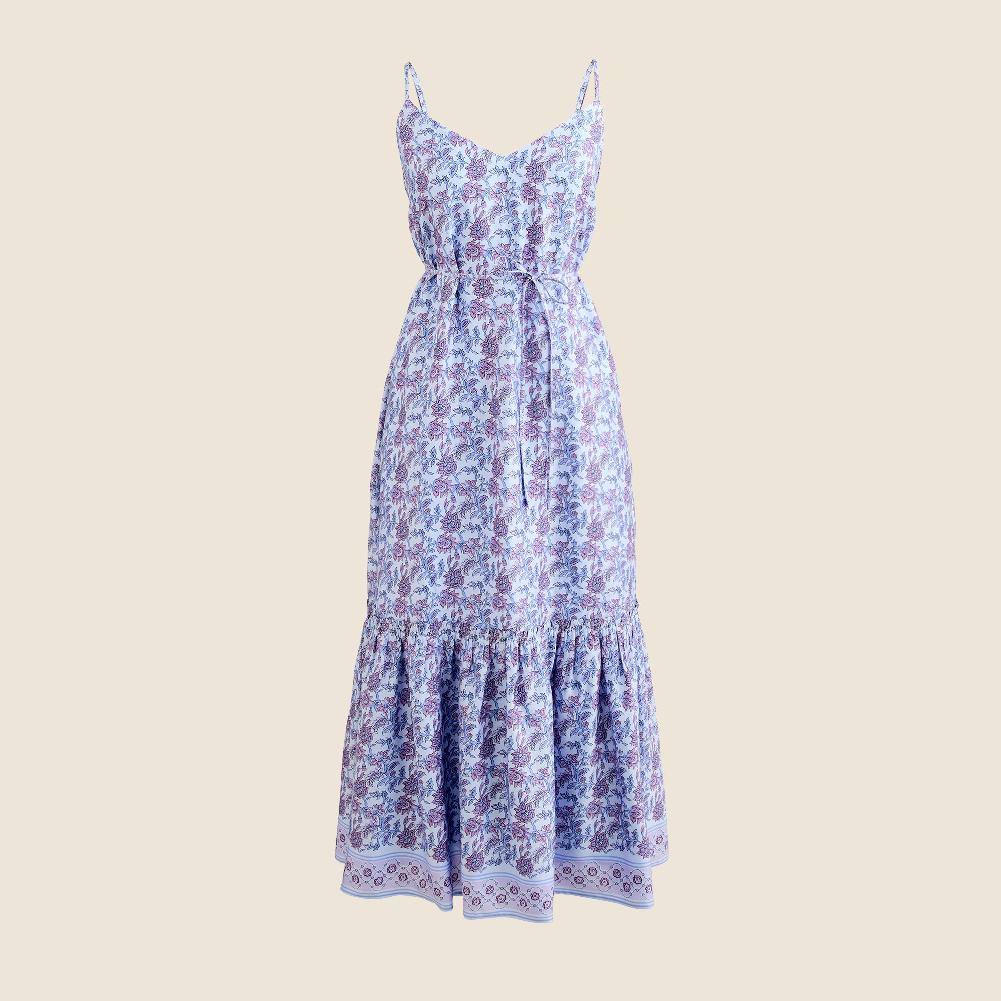 Tiered tie-waist dress in block print