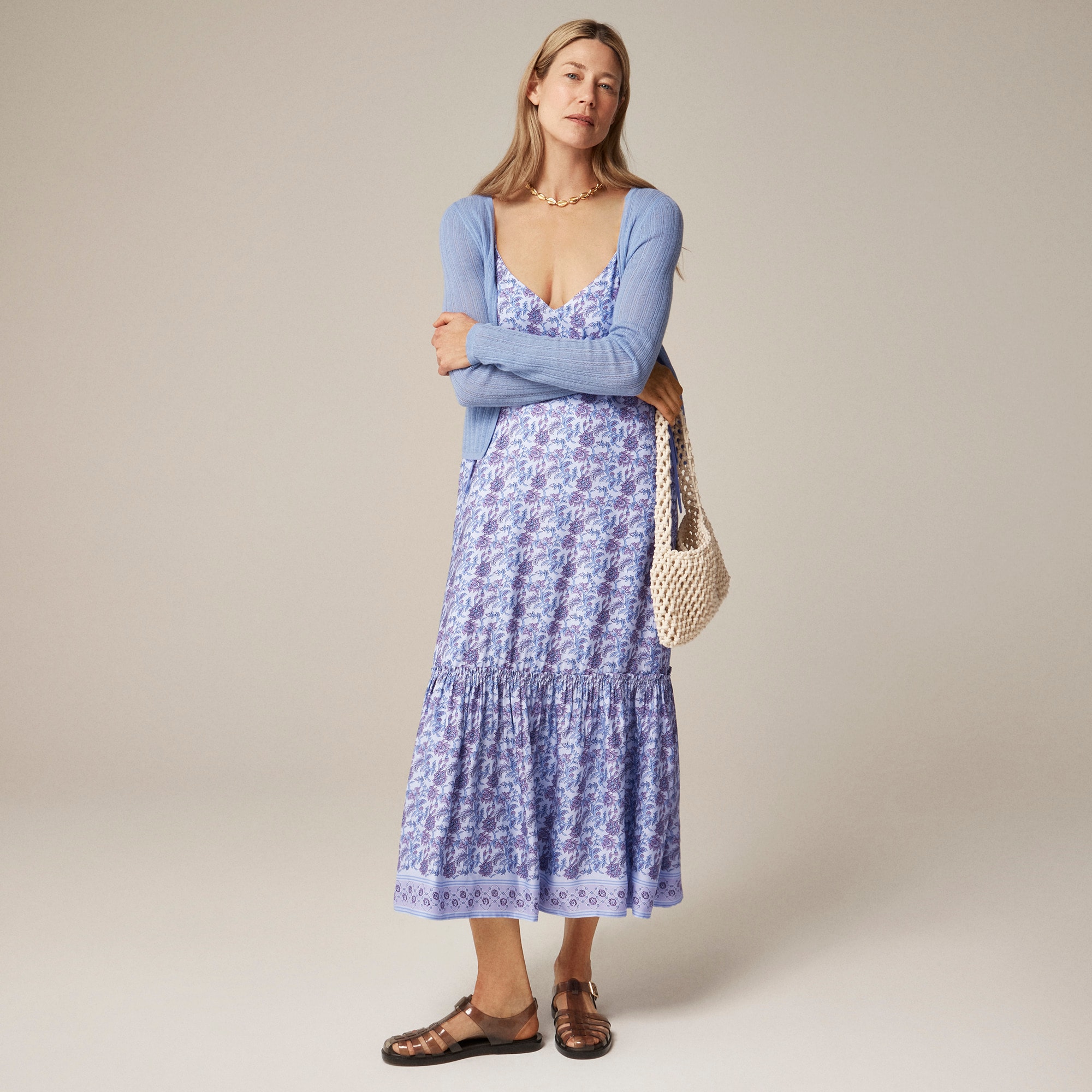 Tiered Tie-waist Dress In Dusty Periwinkle Block Print For