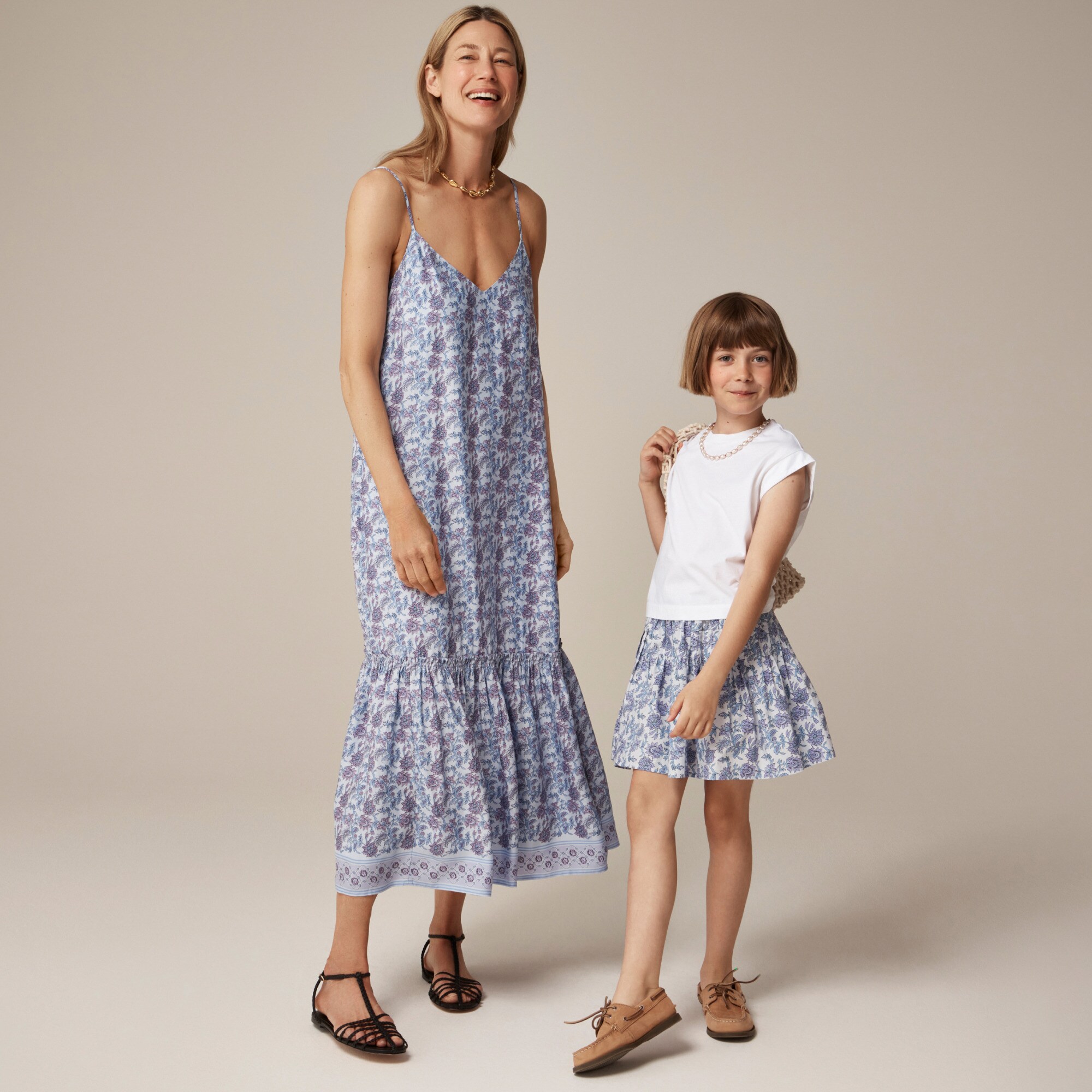 Tiered tie-waist dress in dusty periwinkle block print