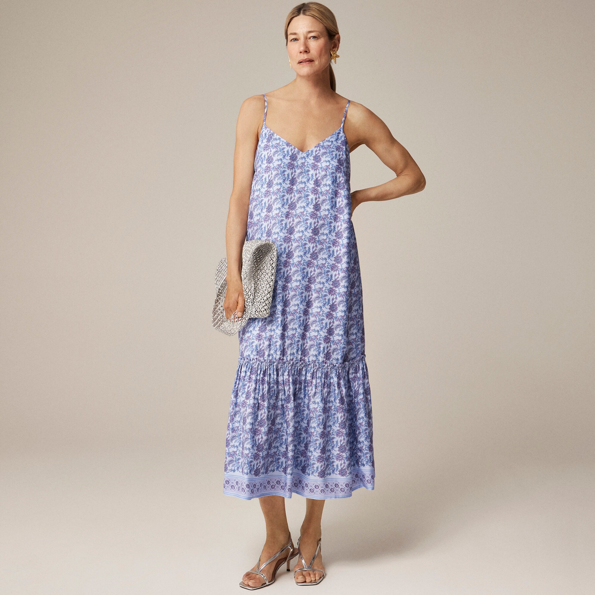 Tiered tie-waist dress in dusty periwinkle block print