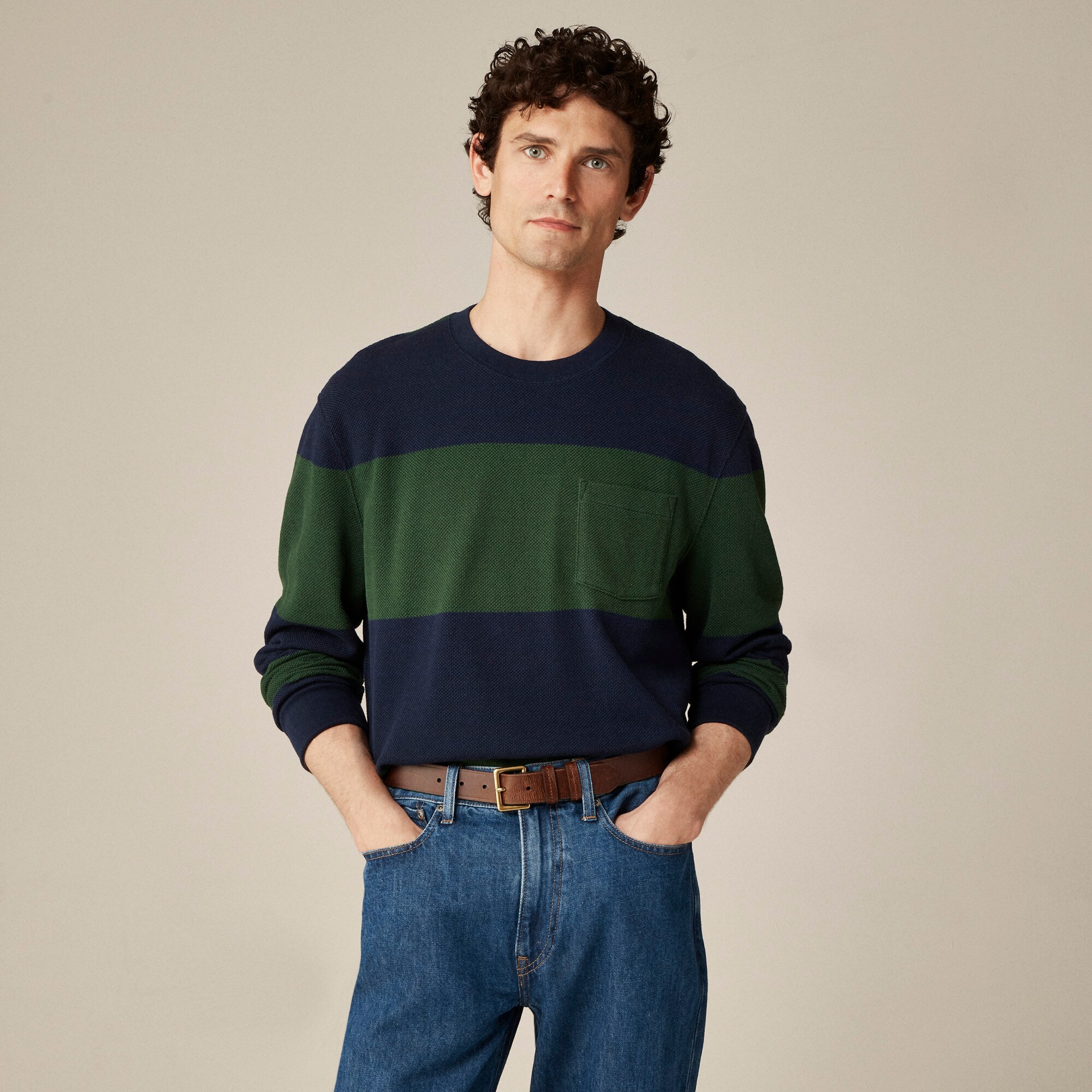  Long-sleeve macropiqu&eacute; cotton T-shirt in stripe