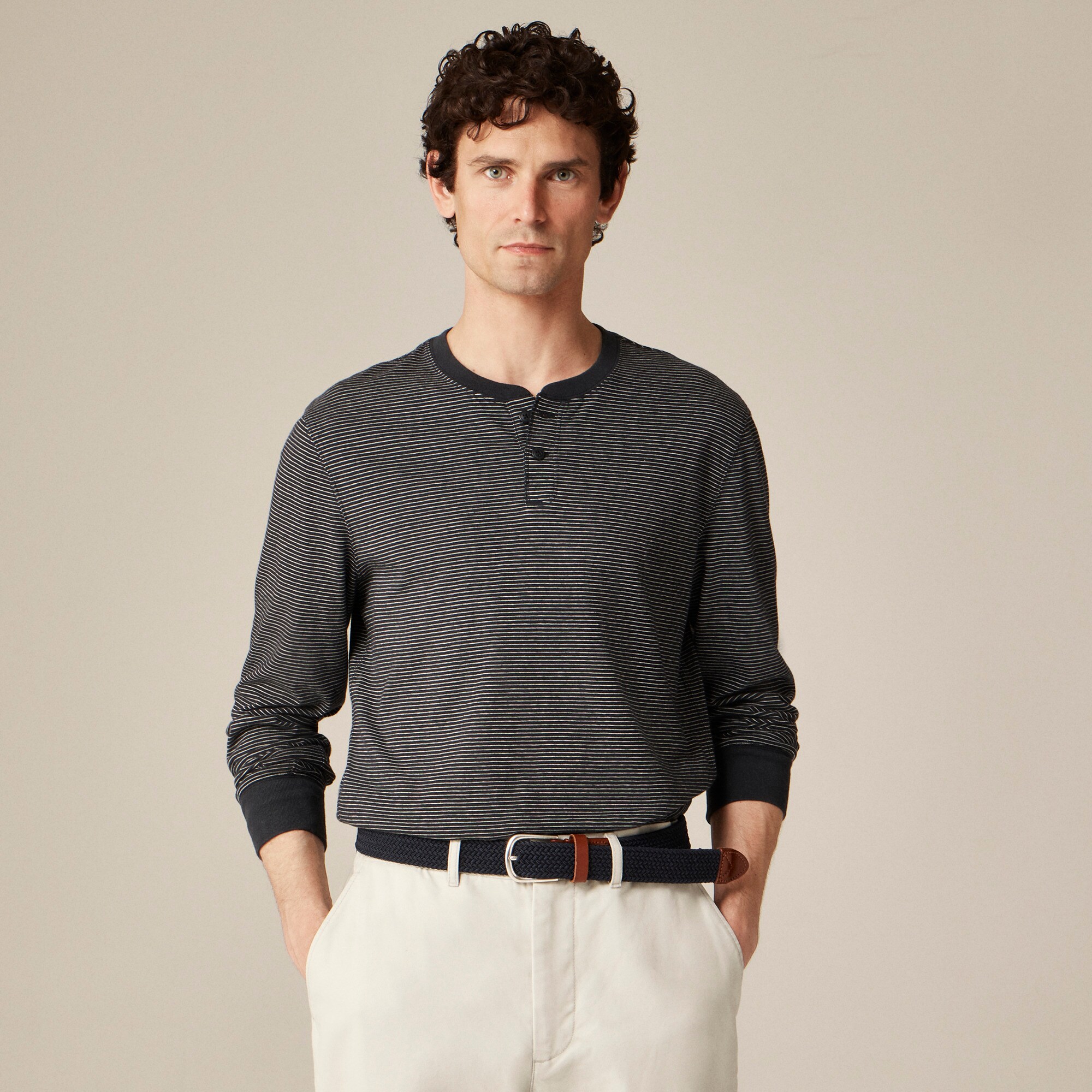  Vintage-wash cotton henley in stripe