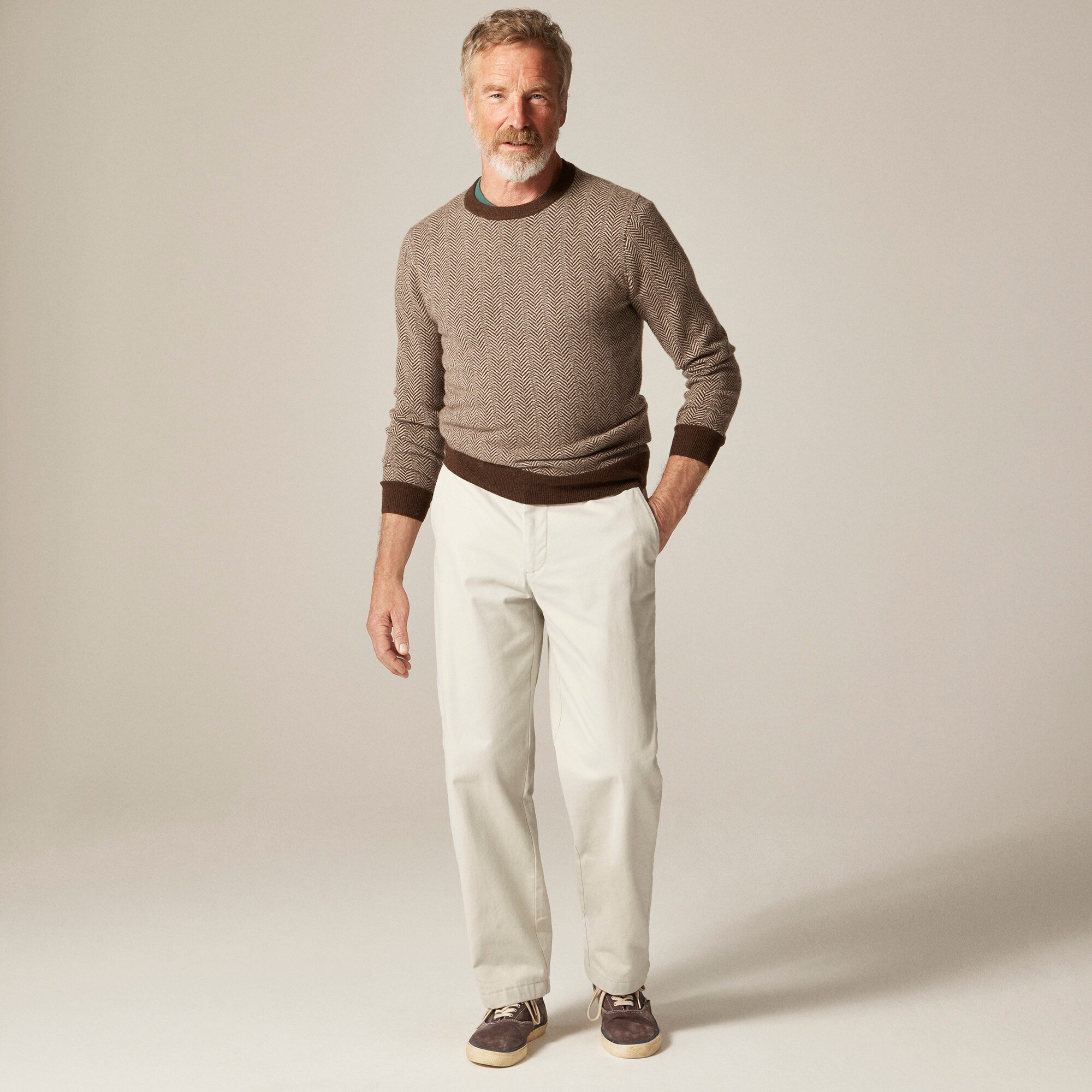 Cashmere Crewneck Sweater In Jacquard Herringbone For Men | J.Crew