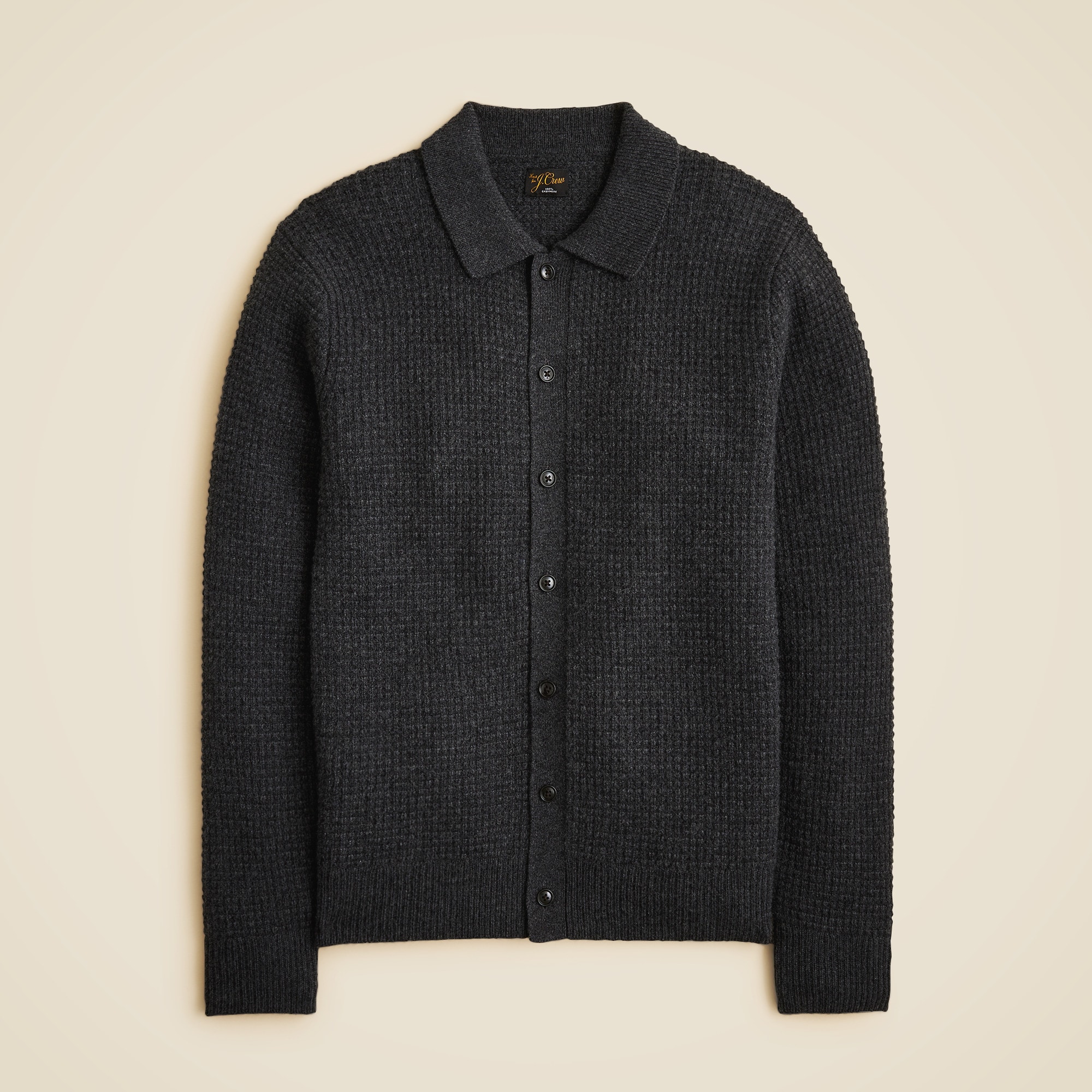  Midweight cashmere waffle-knit polo cardigan sweater