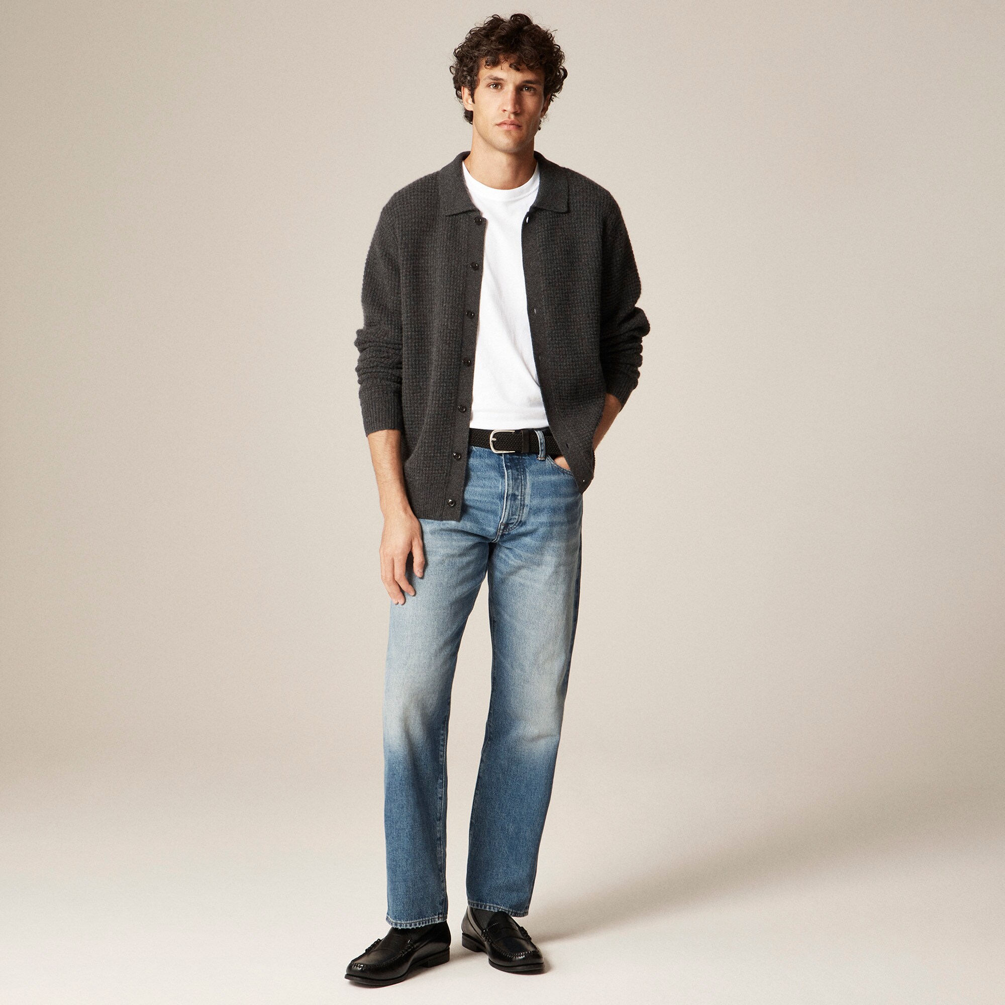 Midweight Cashmere Waffle-knit Polo Cardigan Sweater For Men | J.Crew