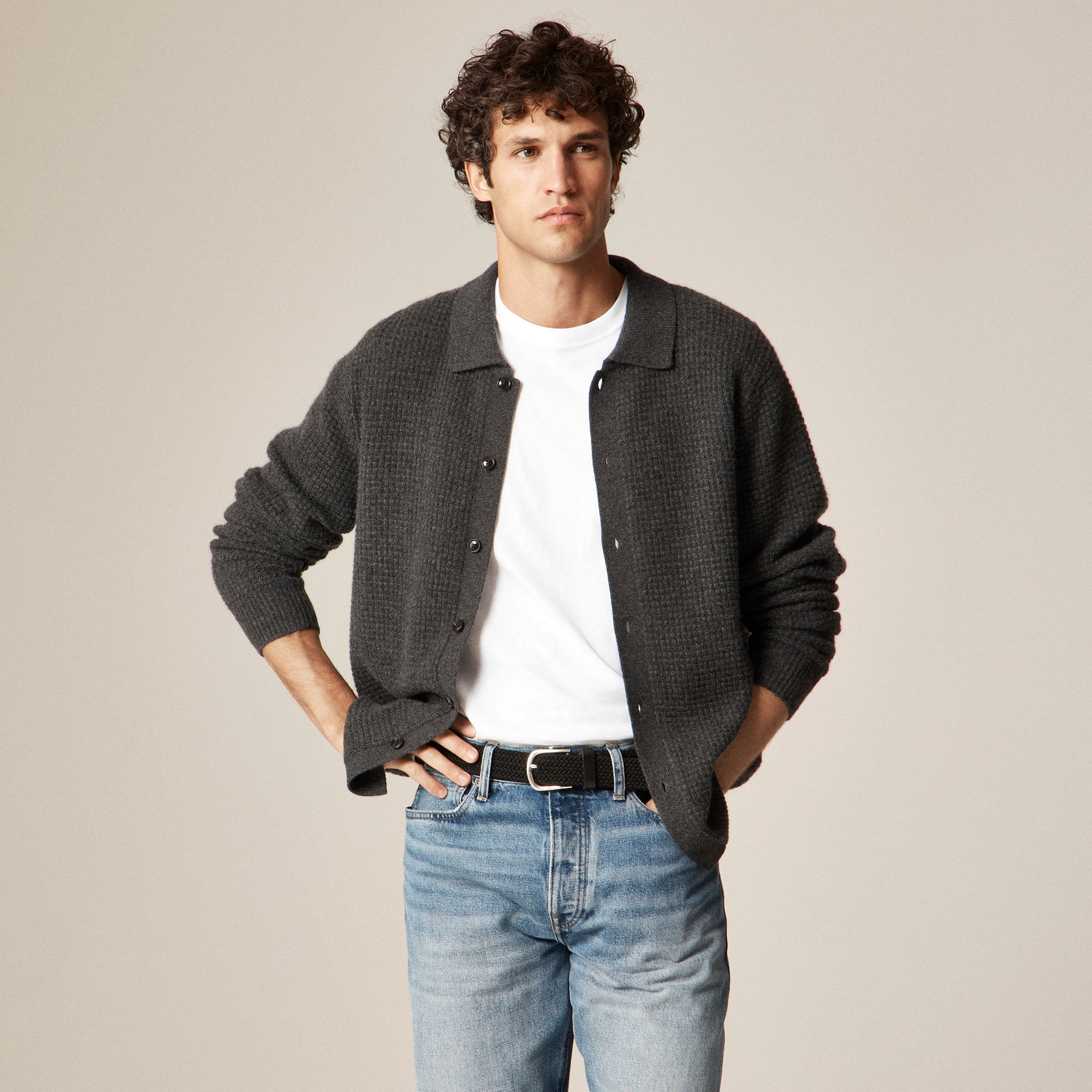 Midweight cashmere waffle-knit polo cardigan sweater