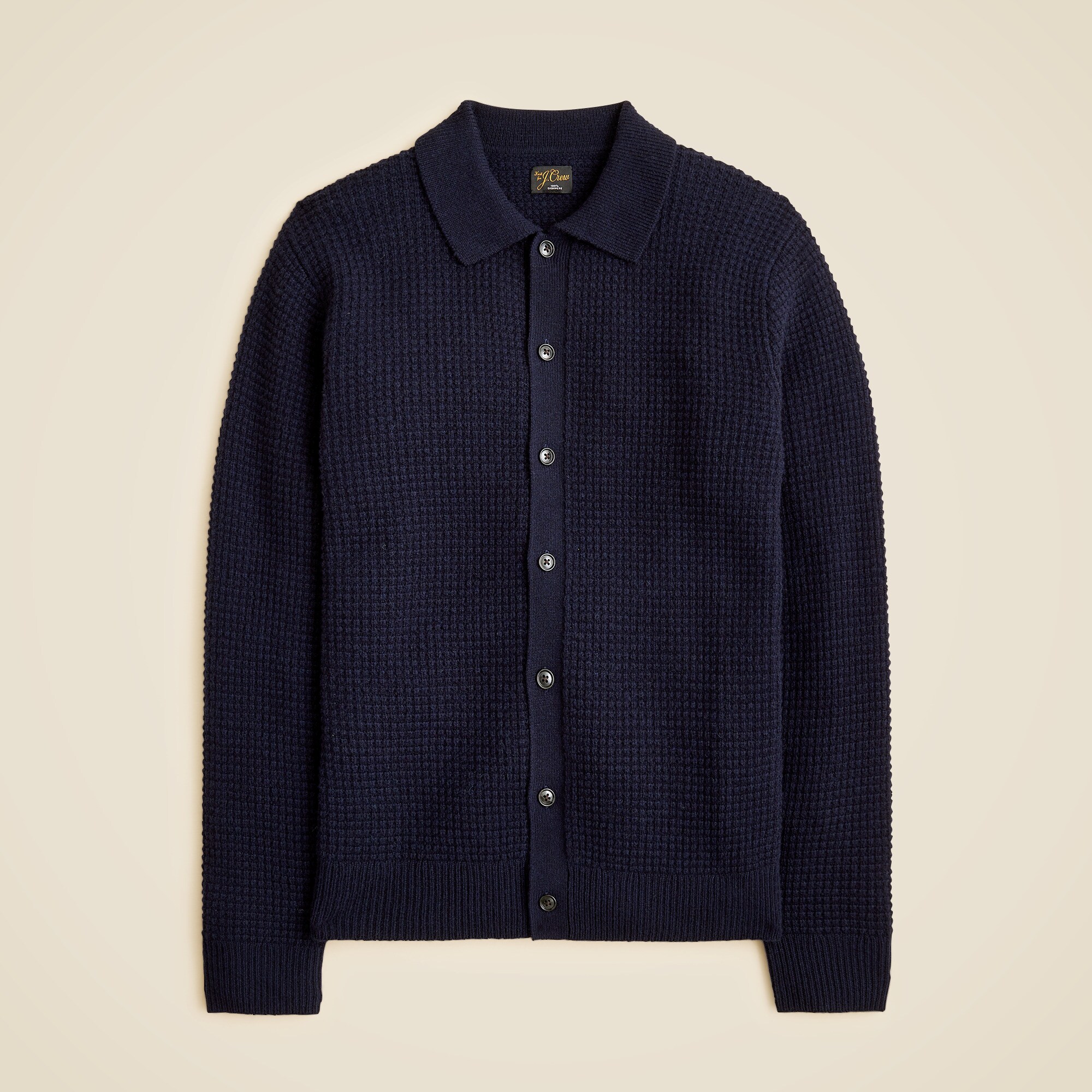 Midweight cashmere waffle-knit polo cardigan sweater